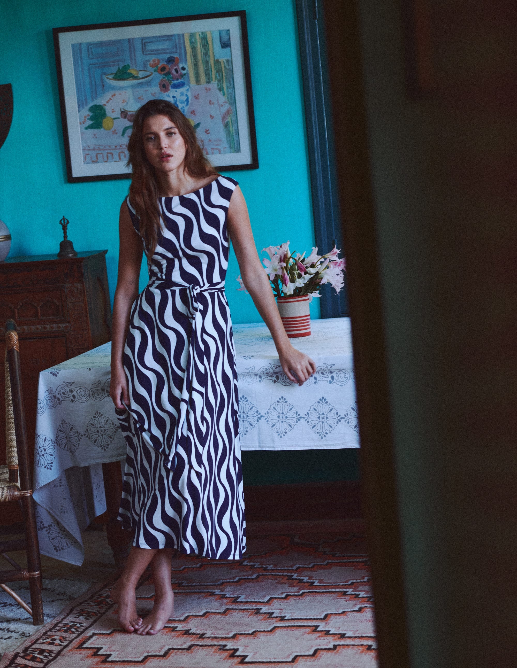 Tamsin Jersey Midi Dress-French Navy, Rhythmic Wave - Image 5