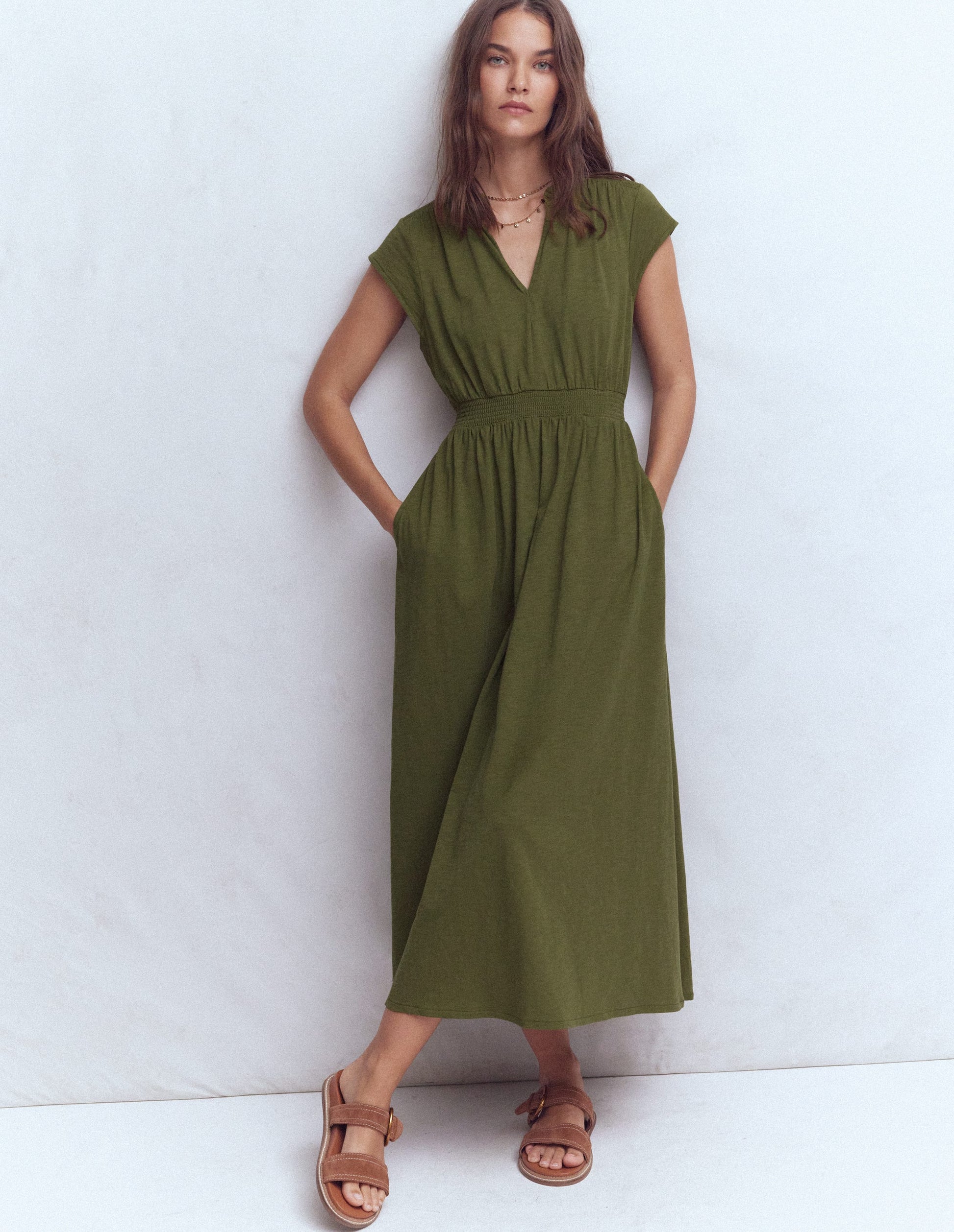 Robe midi Alba à smocks en jersey-Olive-1