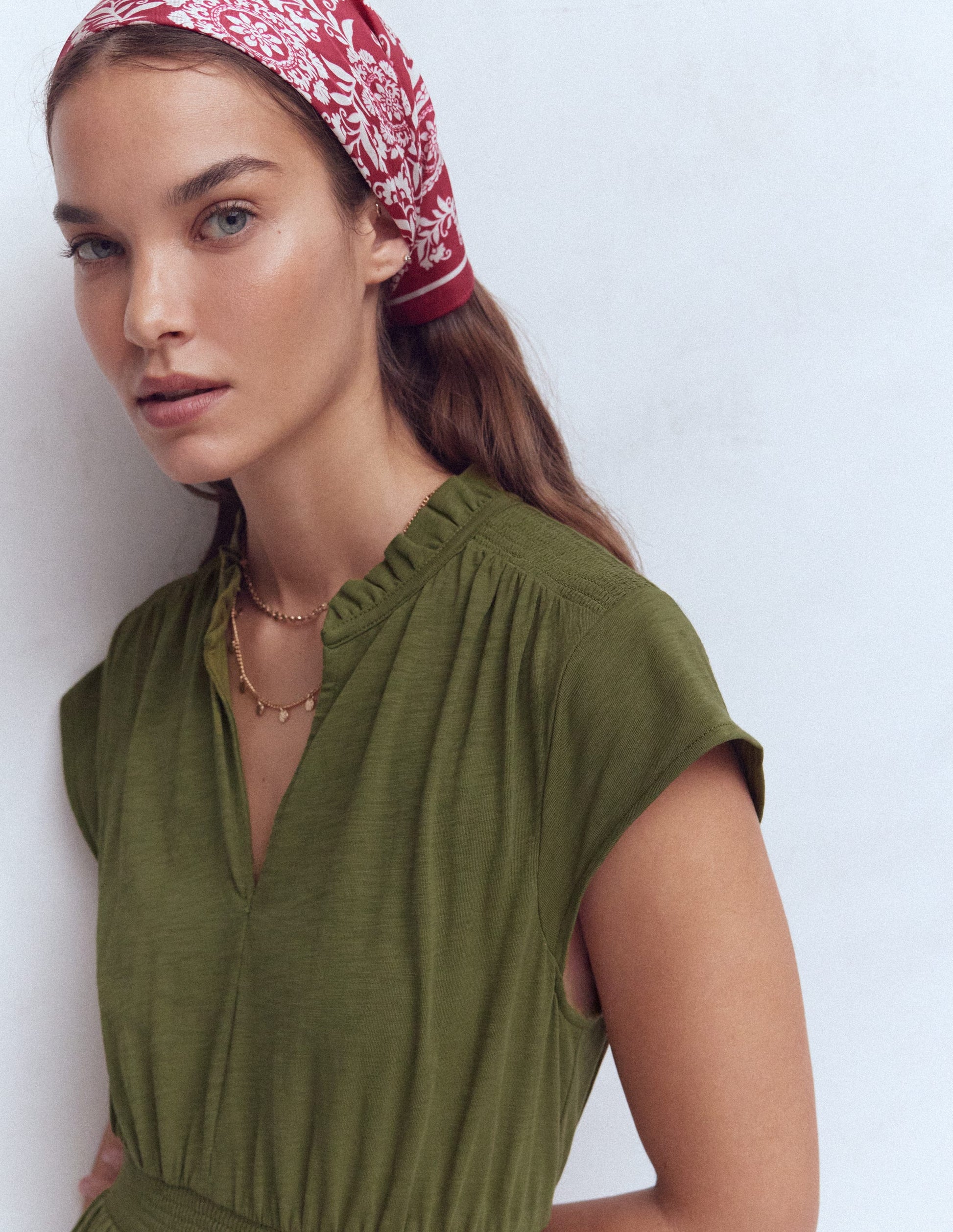 Robe midi Alba à smocks en jersey-Olive-2