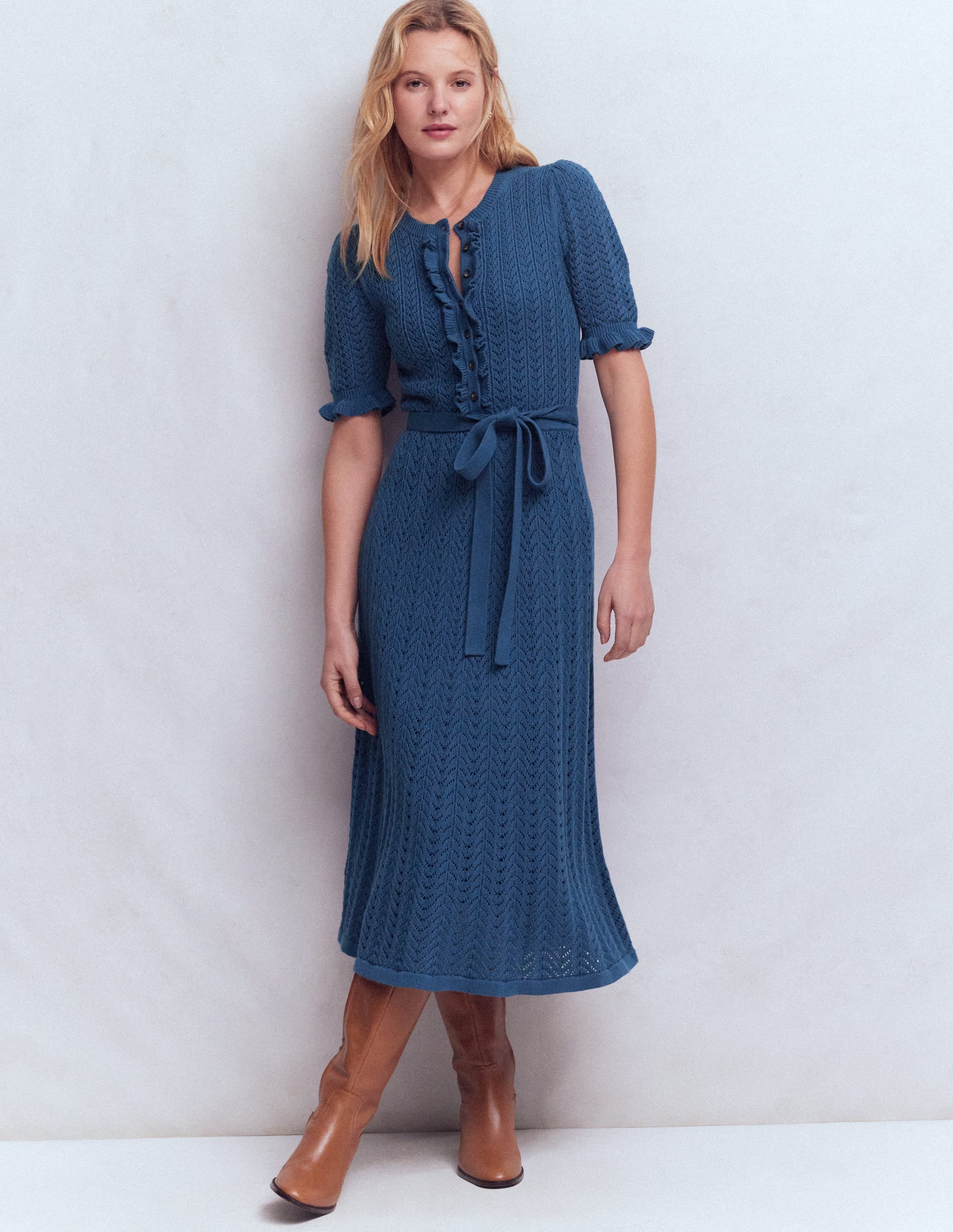 Henley-Strickkleid mit Rüschen-Denim-Blau - Image 5
