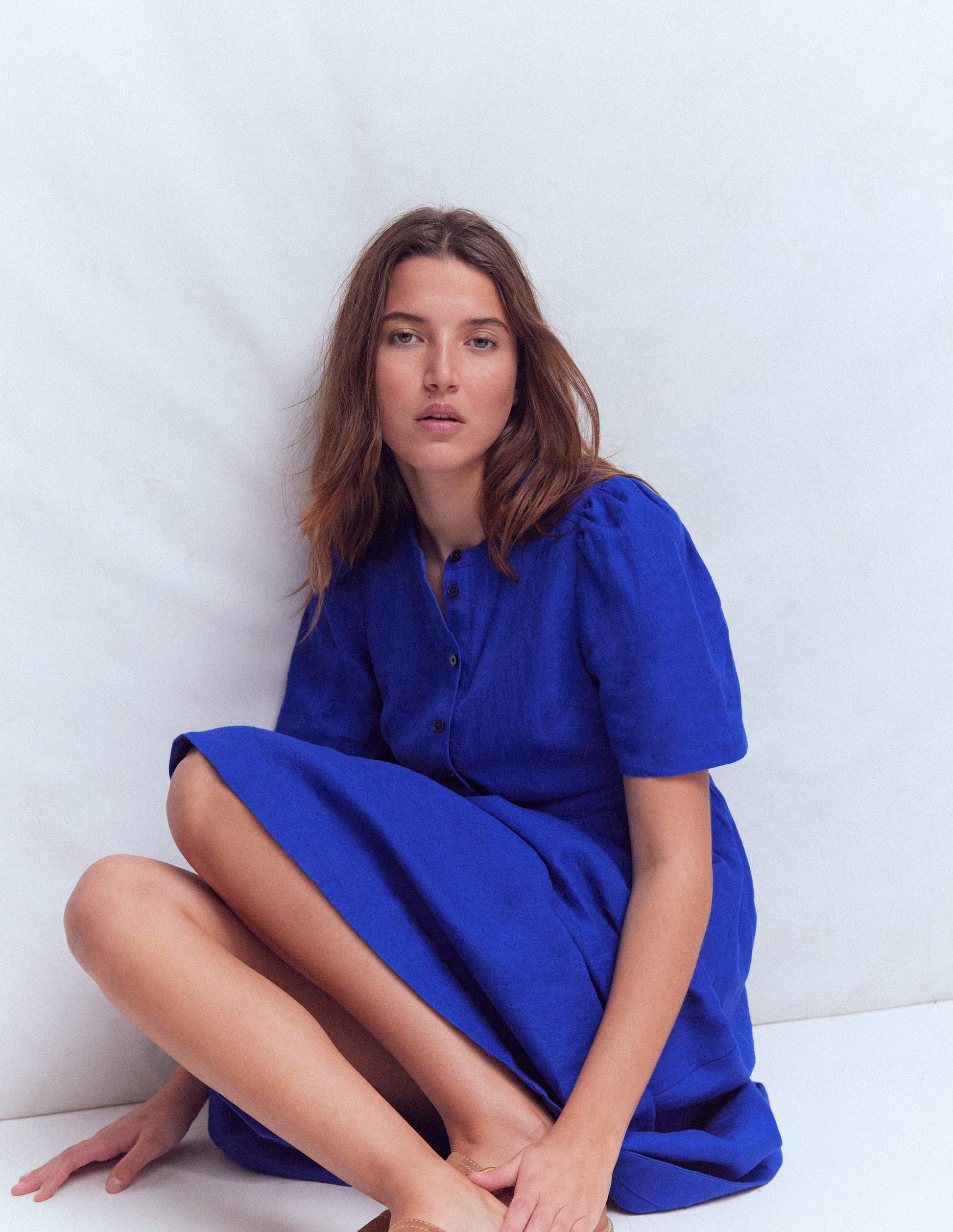 Ivy Button Linen Midi Dress-Bright Blue-2