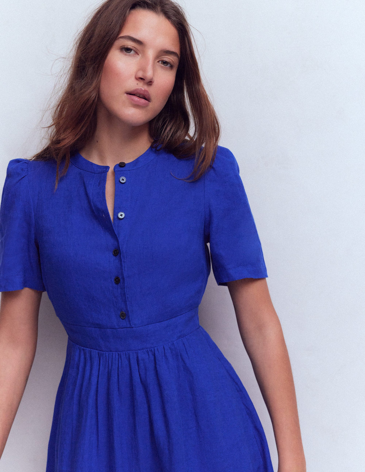 Ivy Button Linen Midi Dress-Bright Blue-3