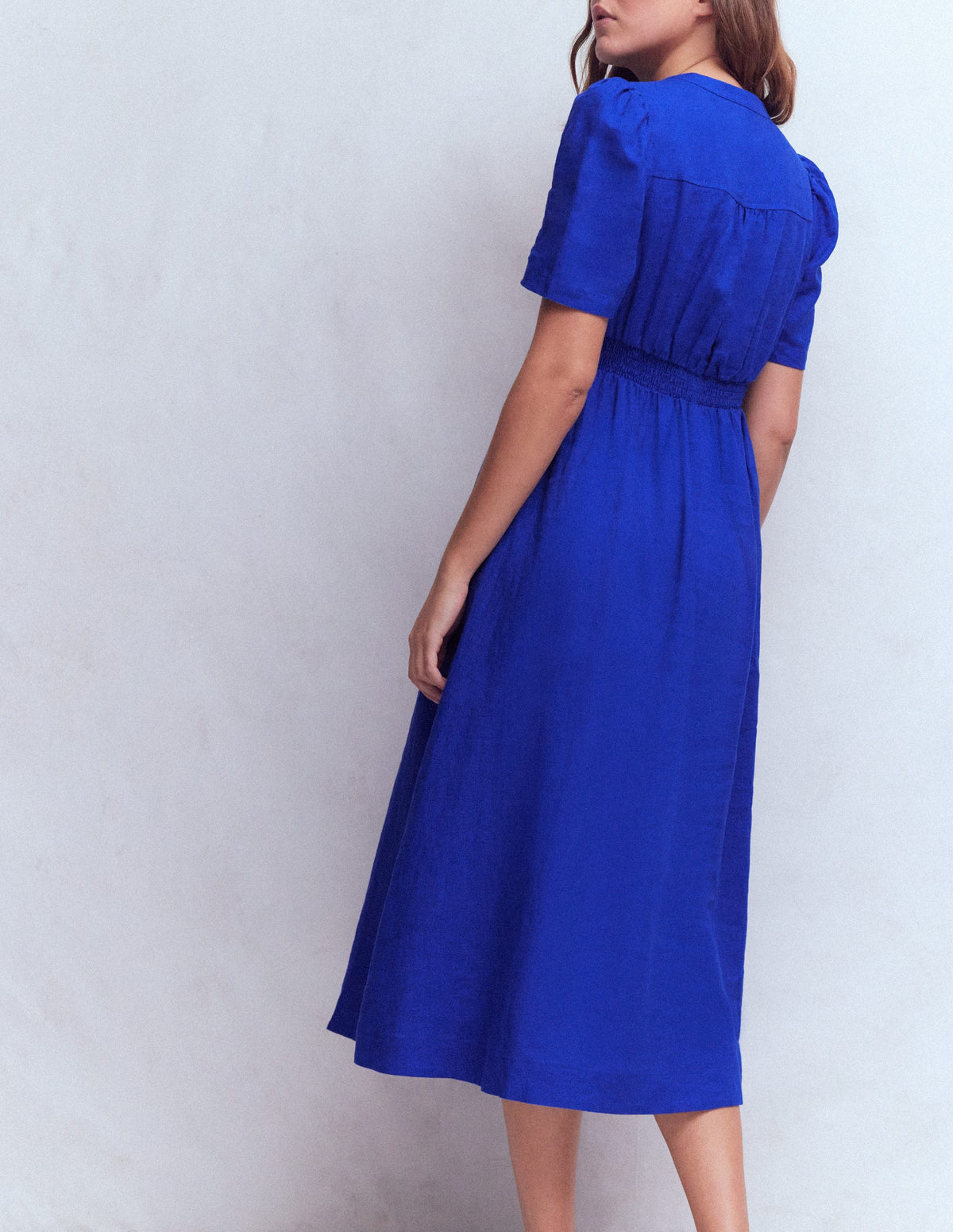Ivy Button Linen Midi Dress-Bright Blue-4