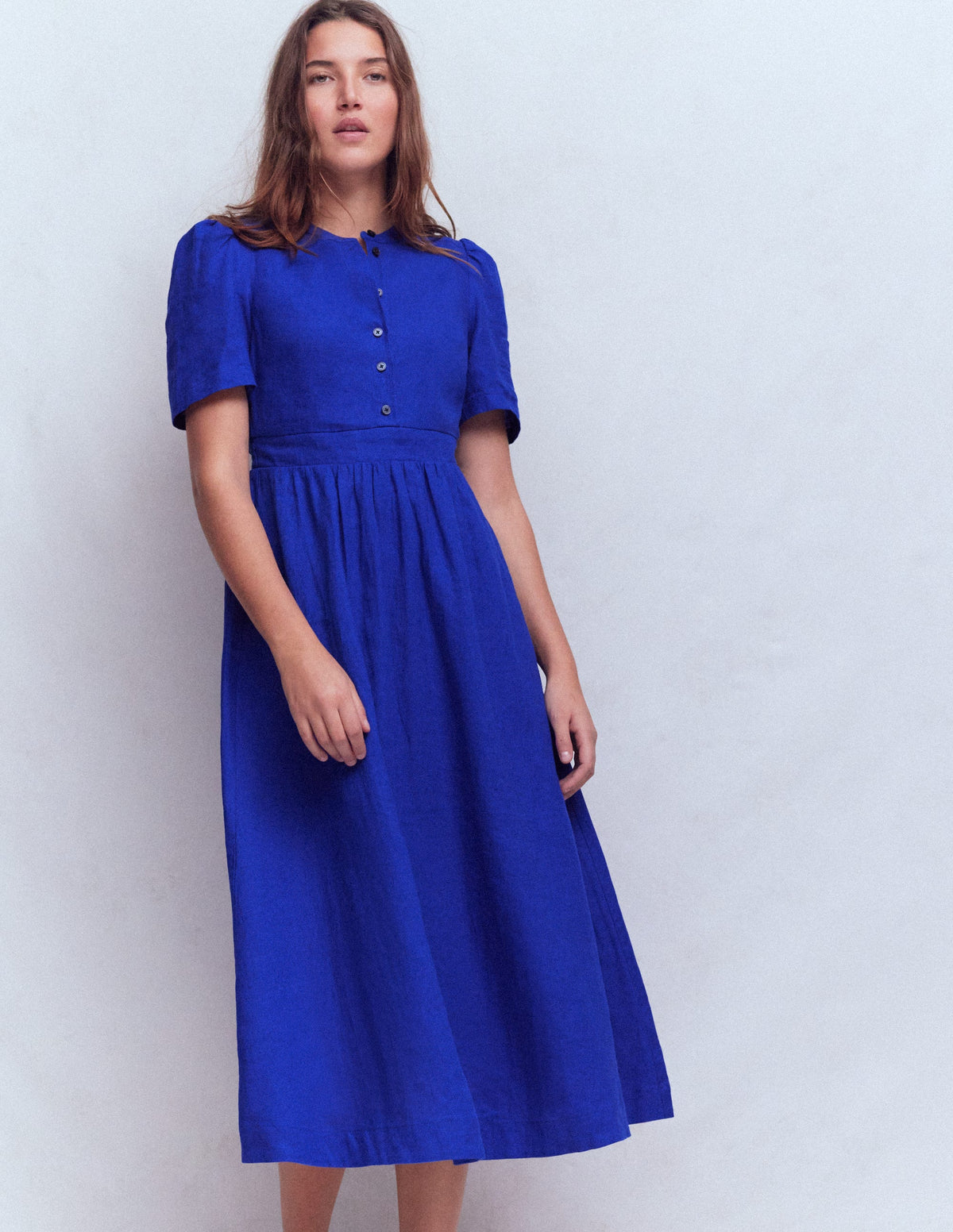 Ivy Button Linen Midi Dress-Bright Blue-1