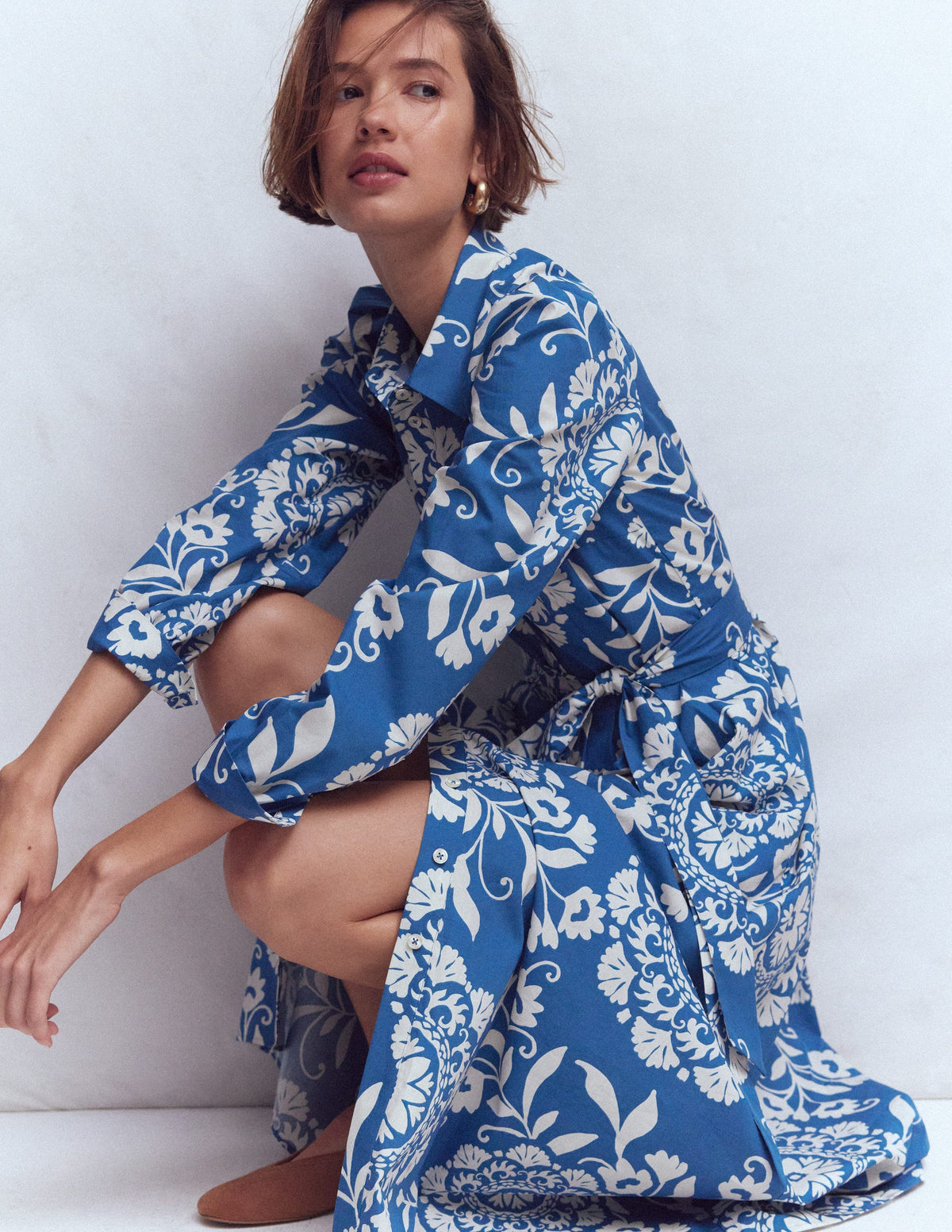 Alexa Cotton Midi Shirt Dress-Blue, Decorative Blossom-5