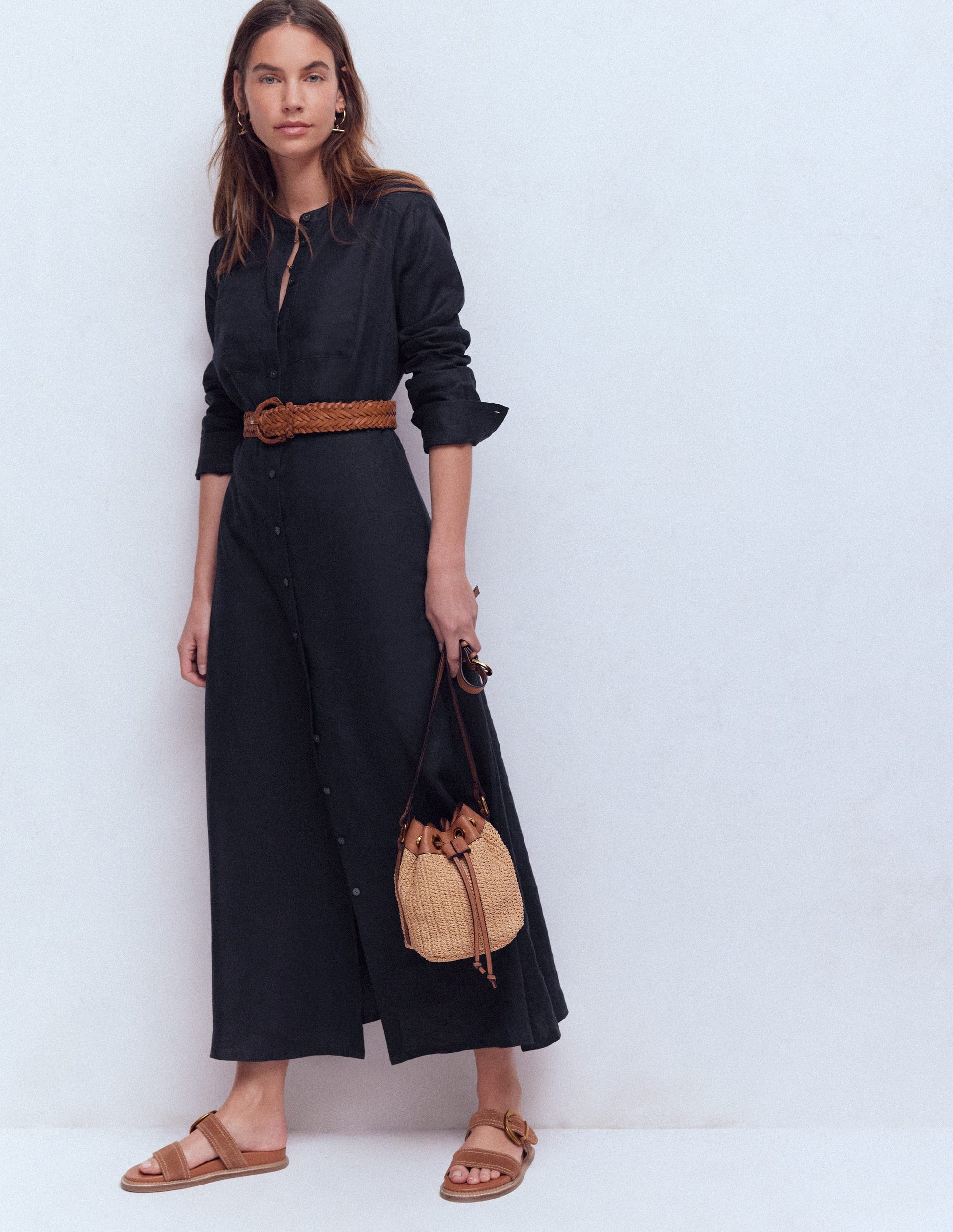 Mollie Midikleid aus Leinen-Marineblau-1