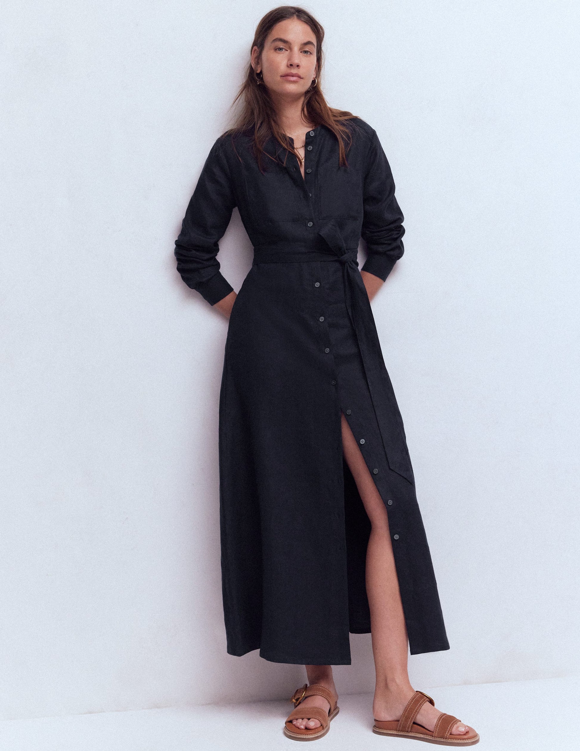 Mollie Midikleid aus Leinen-Marineblau-4