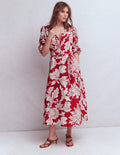 Ava Midikleid aus Leinenmischgewebe-Salsa-Rot, Botanisches Muster
