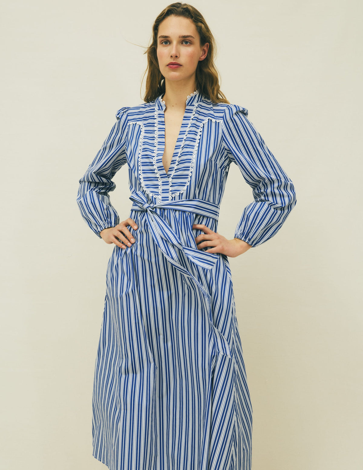 Cary Cotton Midi Dress-Bright Blue Varigated Stripe-5