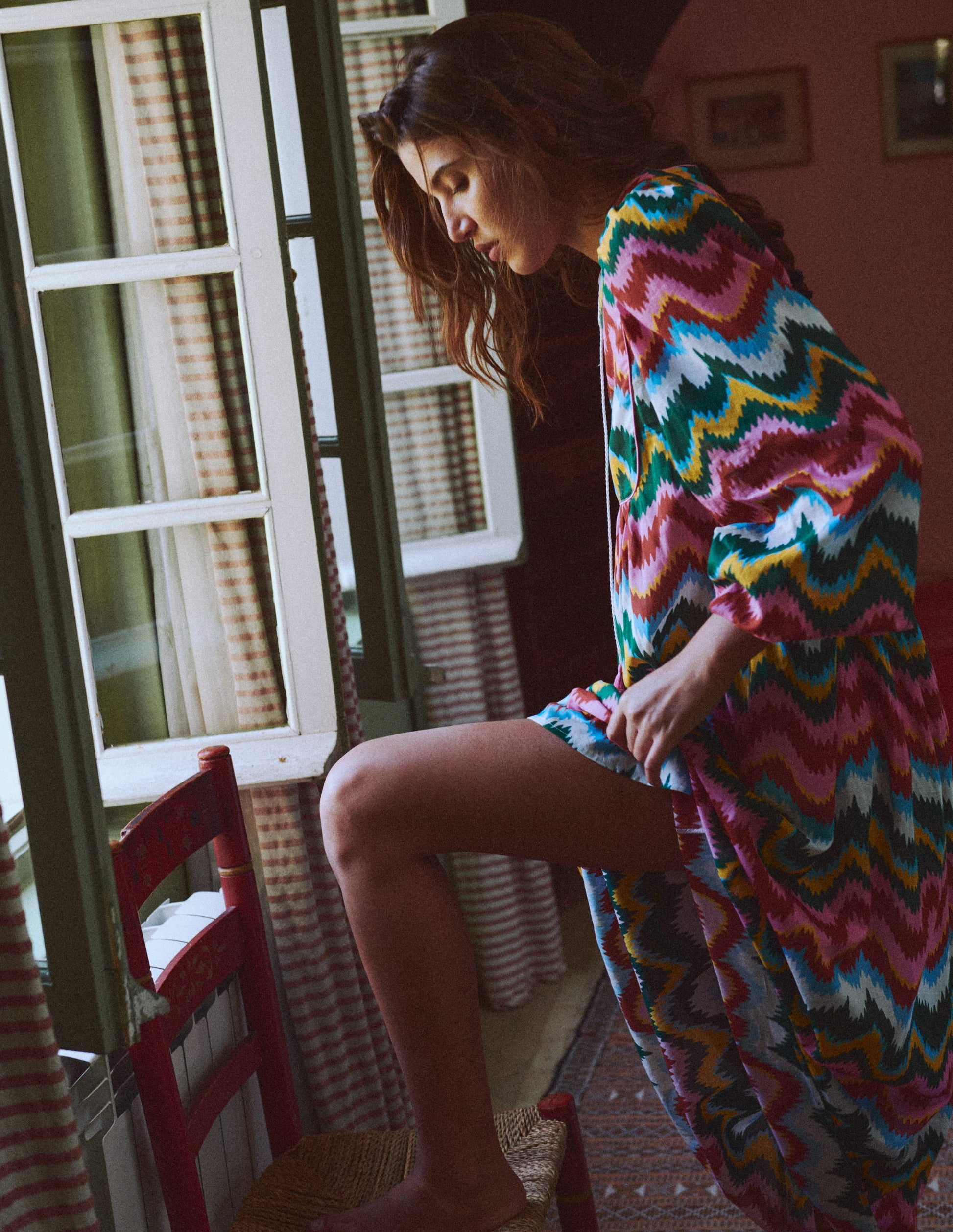 Caftan bohème avec liens au col-Multi, vague zigzag-6