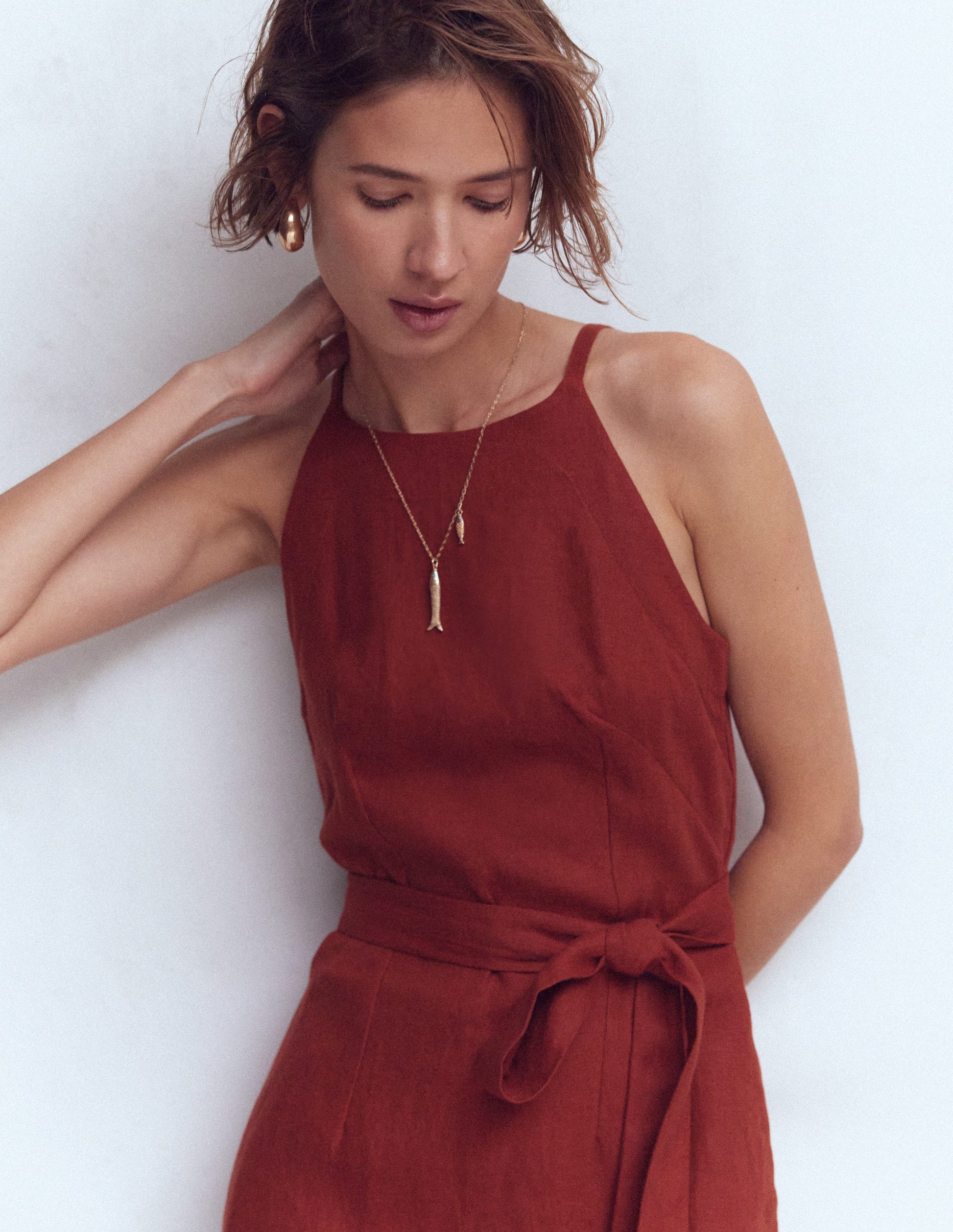 Rosa Neckholder-Midikleid aus Leinen-Braun-Orange-2