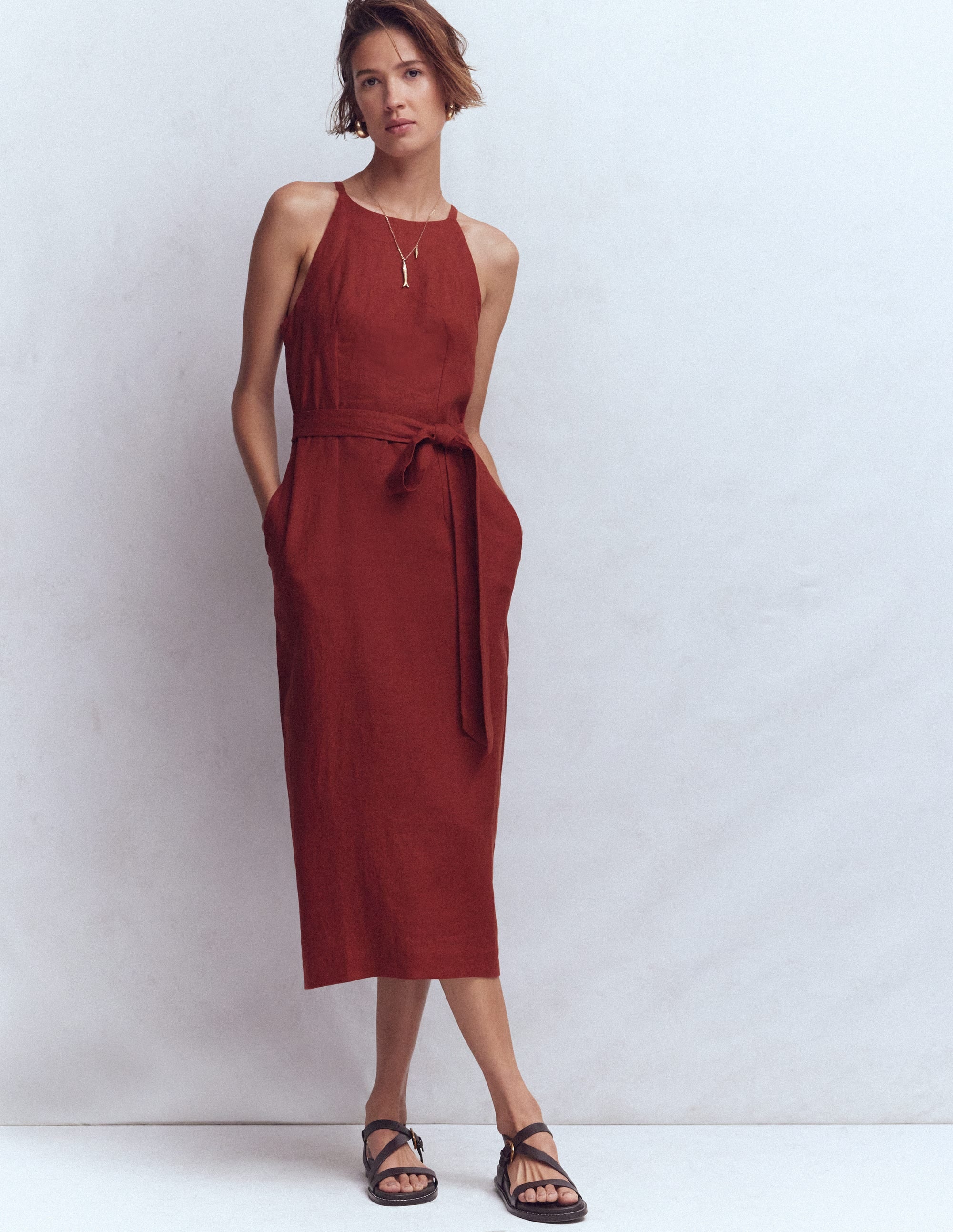 Rosa Neckholder-Midikleid aus Leinen-Braun-Orange - Image 4