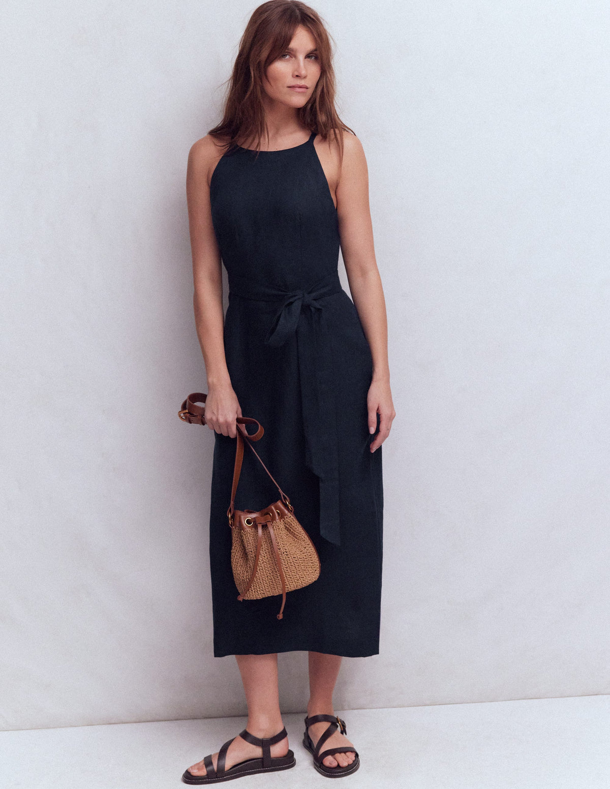 Robe midi à encolure américaine Rosa en lin-Bleu marine - Image 1