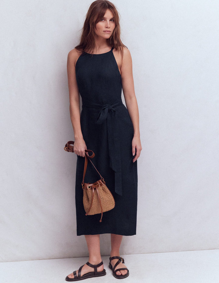 Rosa Neckholder-Midikleid aus Leinen-Marineblau
