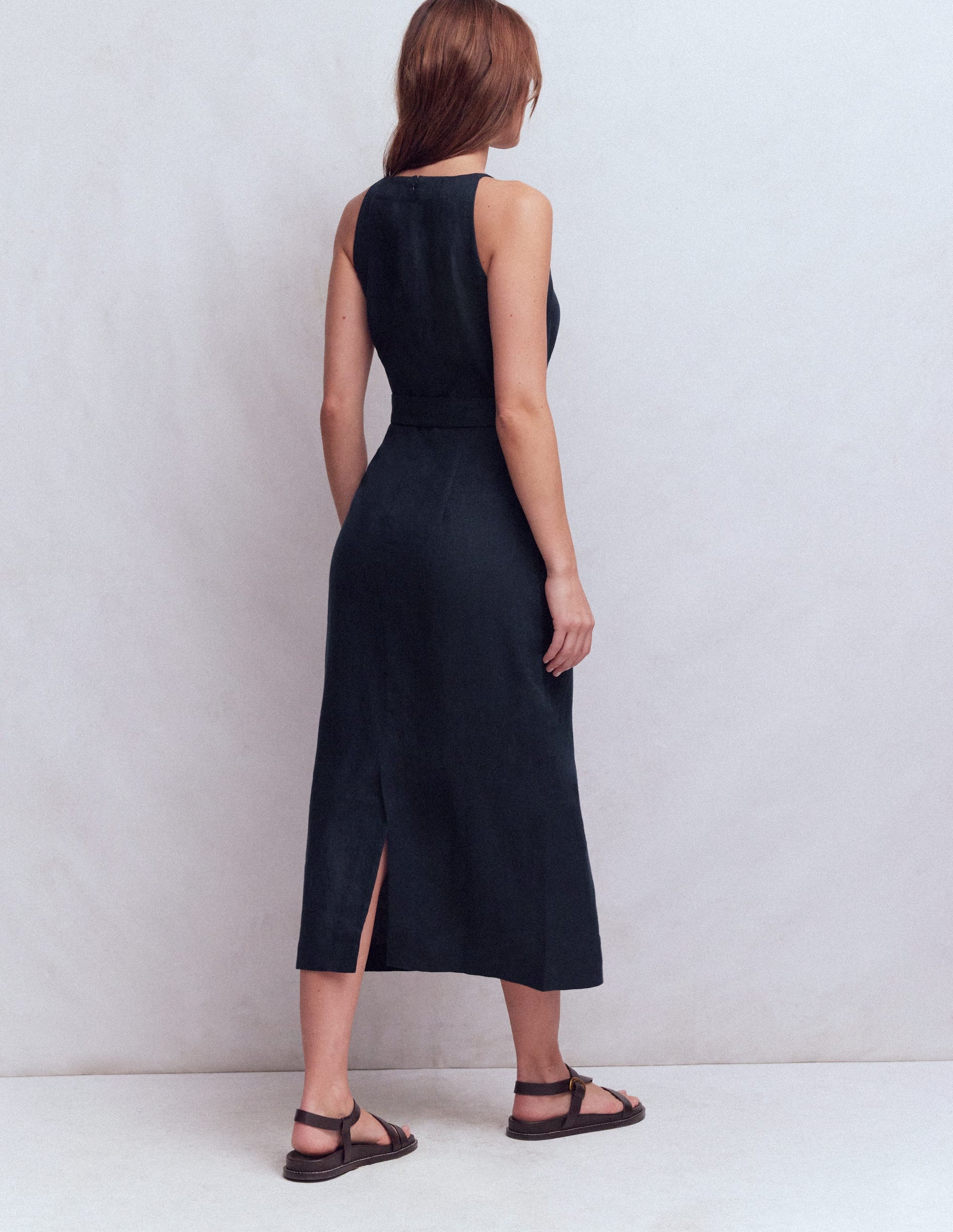 Robe midi à encolure américaine Rosa en lin-Bleu marine-3