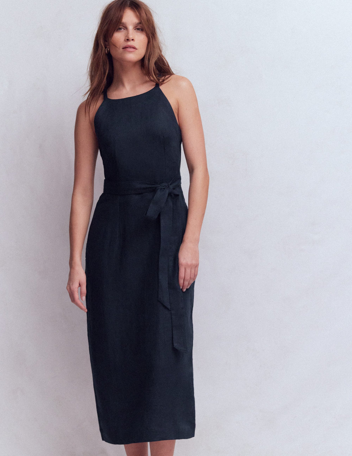 Robe midi à encolure américaine Rosa en lin-Bleu marine-4