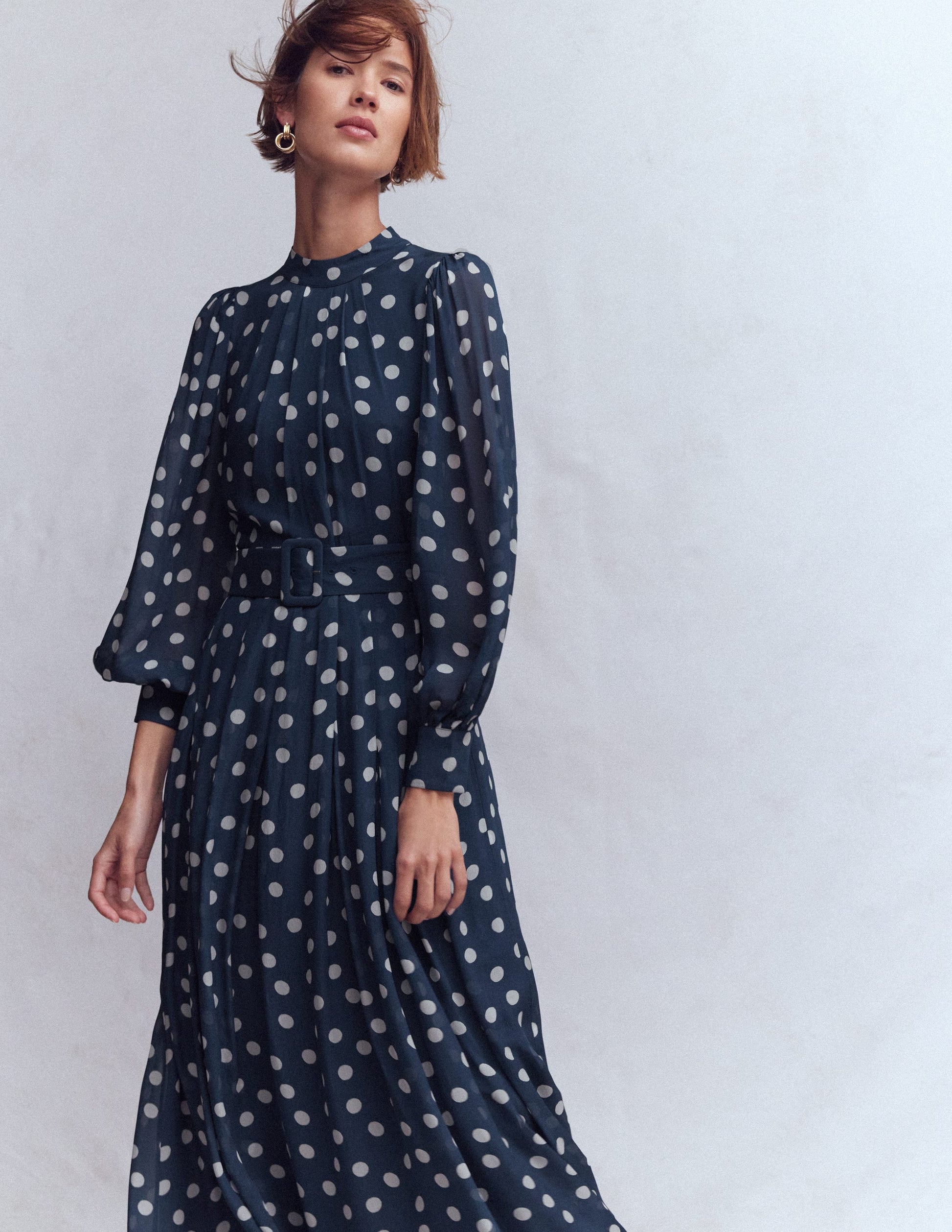 High Neck Occasion Dress-French Navy, Painted Dot-1