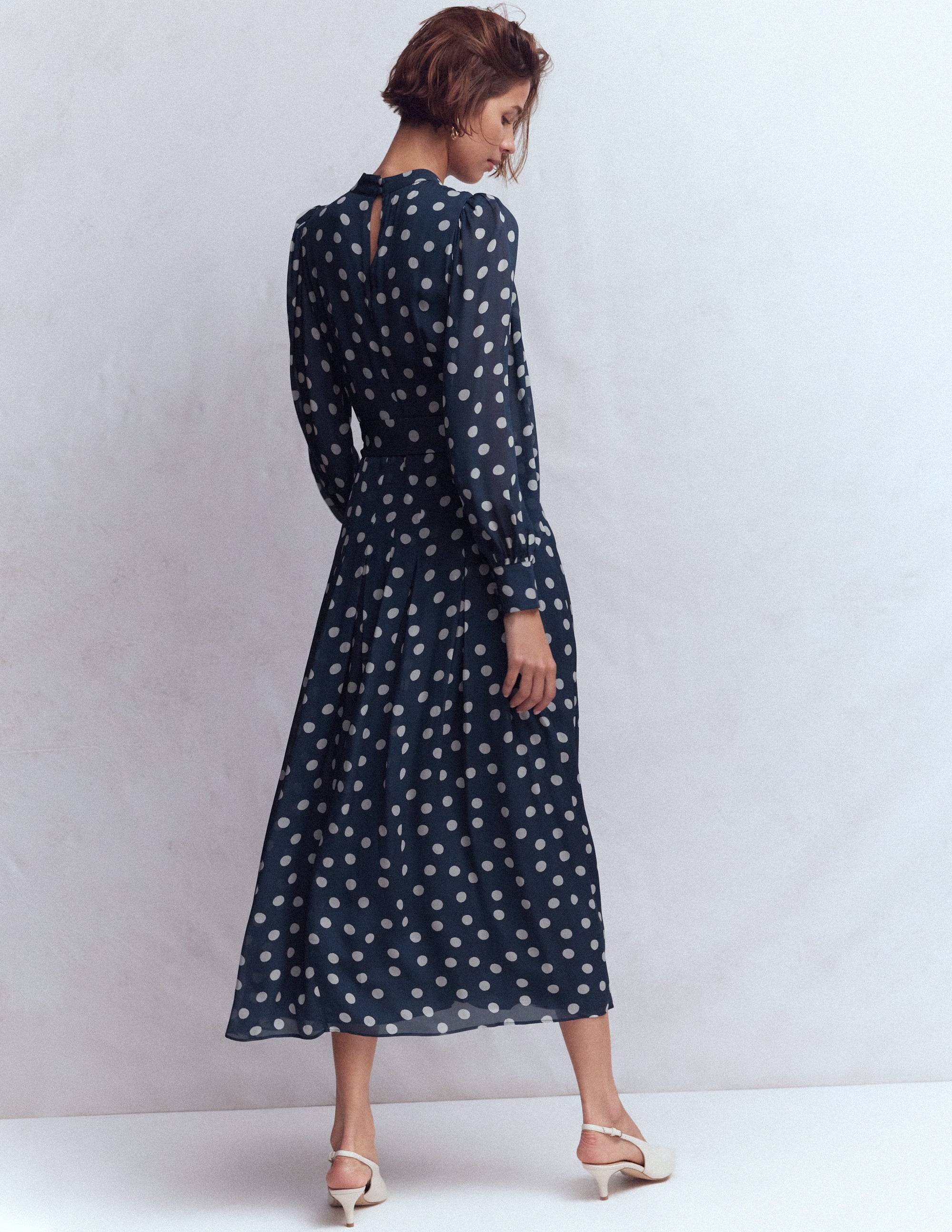 High Neck Occasion Dress-French Navy, Painted Dot - Image 3