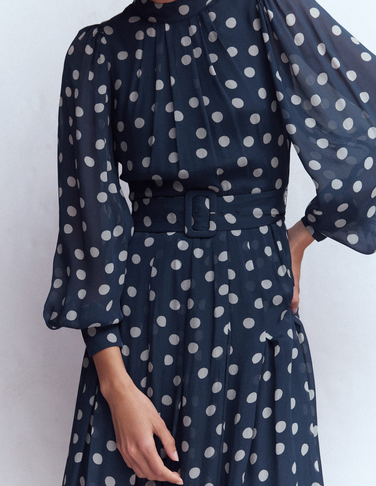 High Neck Occasion Dress-French Navy, Painted Dot - Image 4