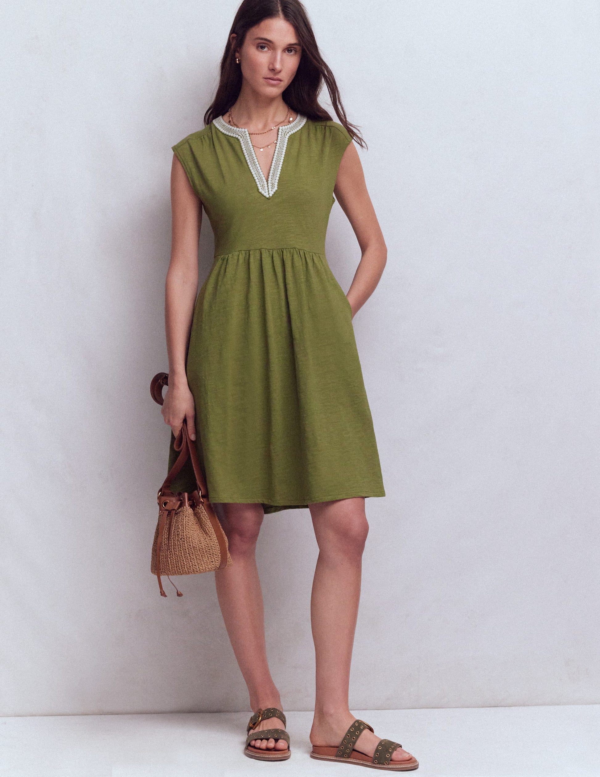 May Embroidered Short Dress-Olive-1