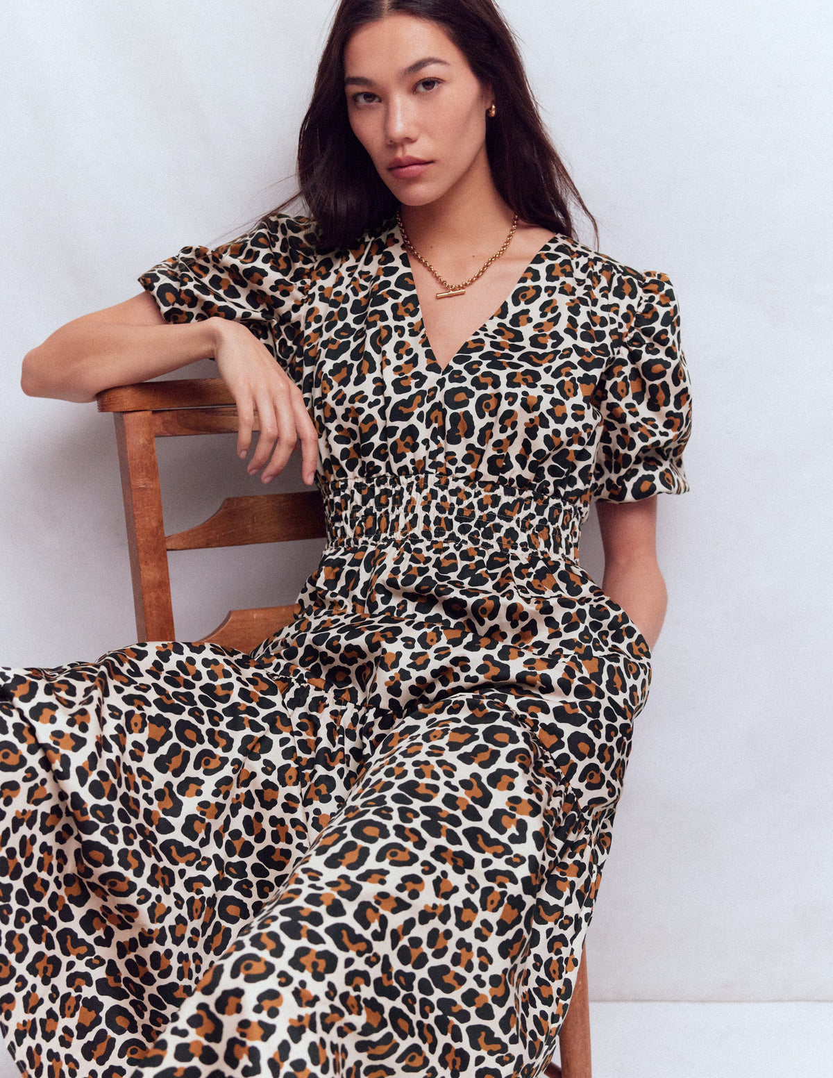 Irene Baumwollkleid mit Puffärmeln-Mandelmilch, Gepard-Pop - Image 2