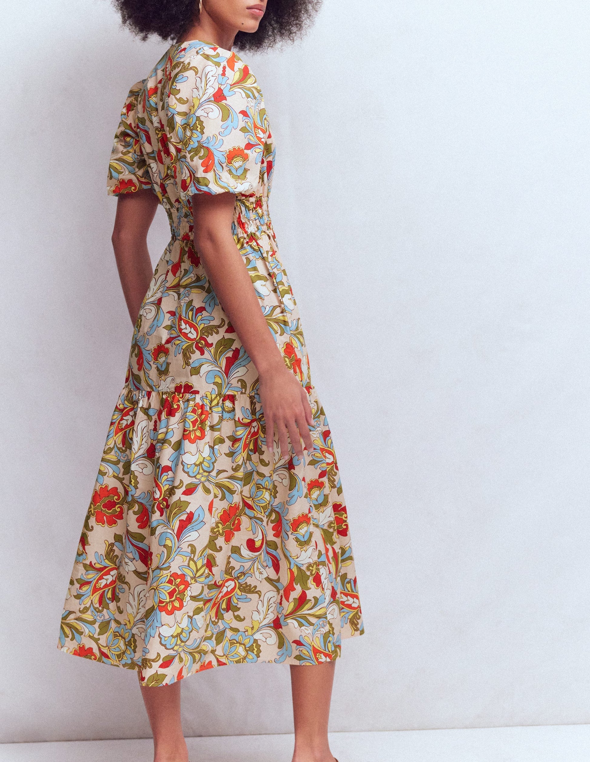 Irene Baumwollkleid mit Puffärmeln-Bunt, Botanisches Muster-4