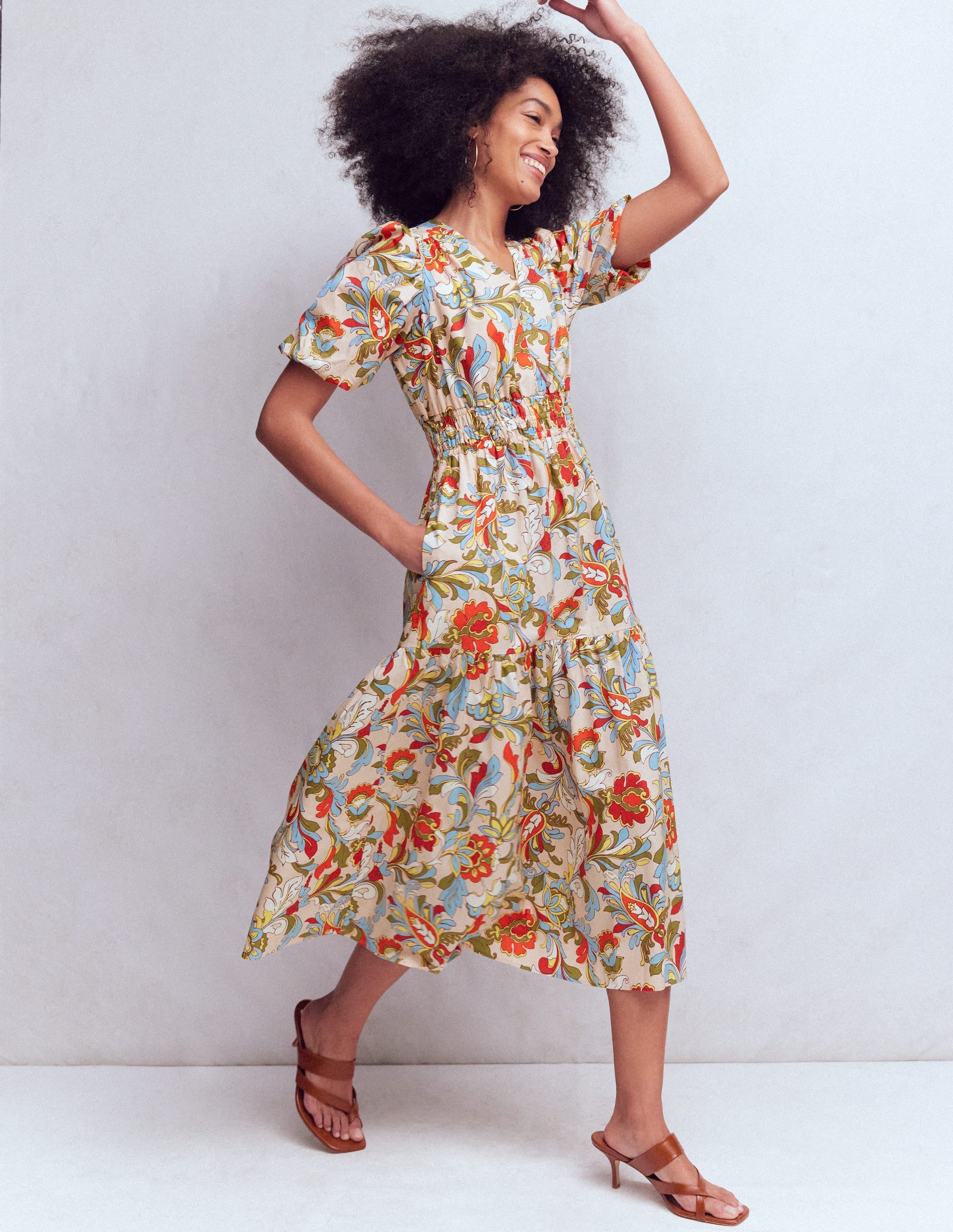 Irene Baumwollkleid mit Puffärmeln-Bunt, Botanisches Muster - Image 1