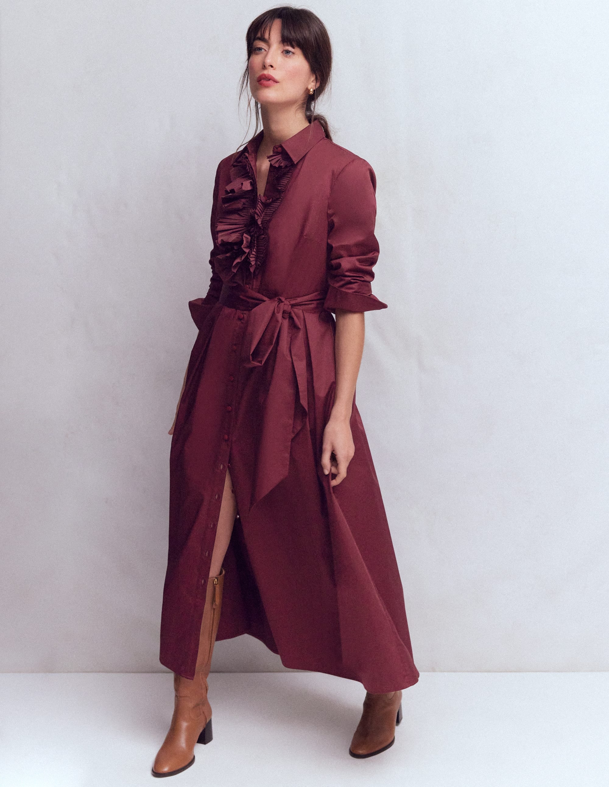 Plissiertes Hemdblusenkleid mit Rüschen-Dunkelviolett - Image 1