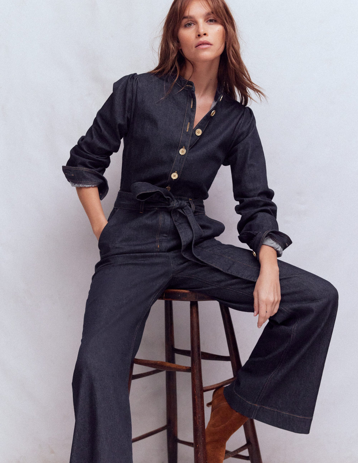 Bootcut-Jumpsuit aus Denim mit Knöpfen-Indigo-1