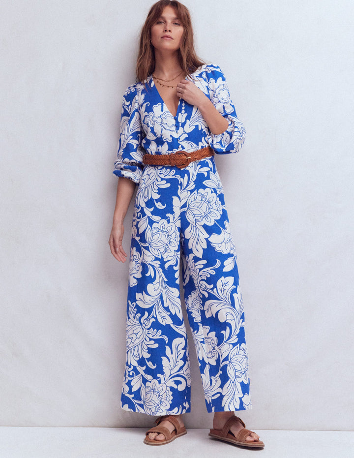 Combinaison Lola en lin-Motif Botanical Flourish Mono bleu