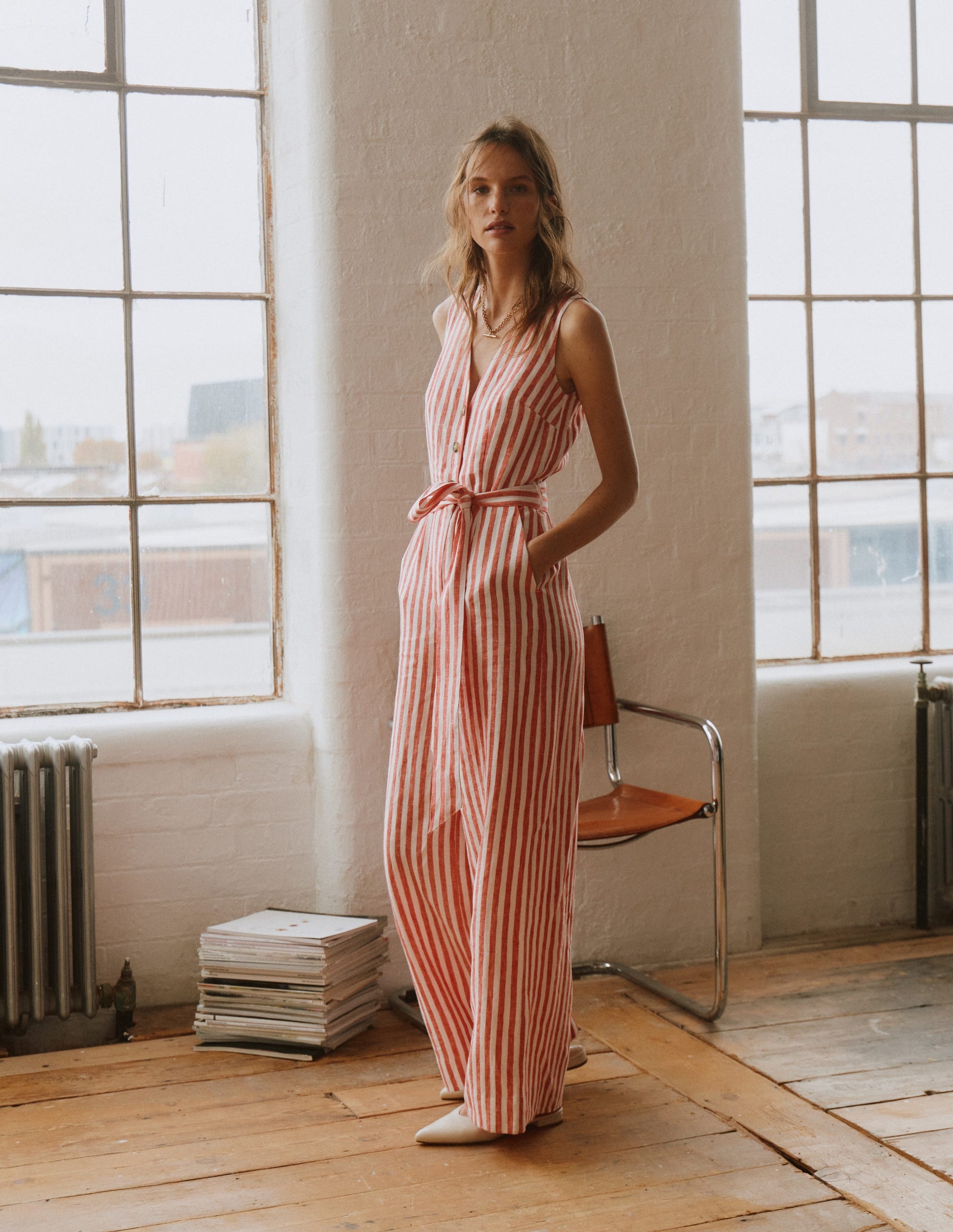 Laura V-neck Linen Jumpsuit-Red, Ivory Stripe-6