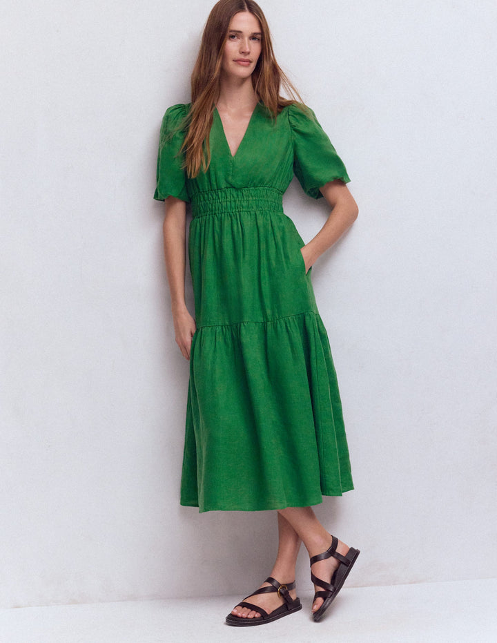 Irene Midikleid aus Leinen-Highland-Grün