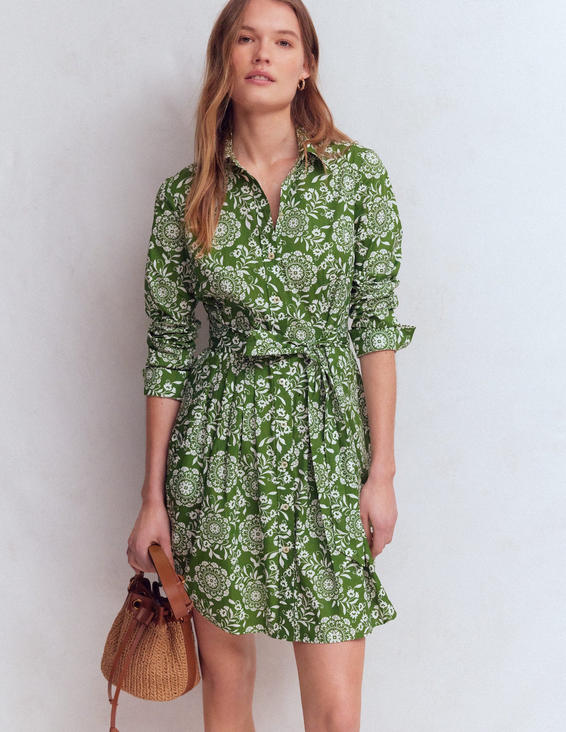 Alexa Langärmliges, kurzes Kleid-Grün, Dekorative Blüten-1
