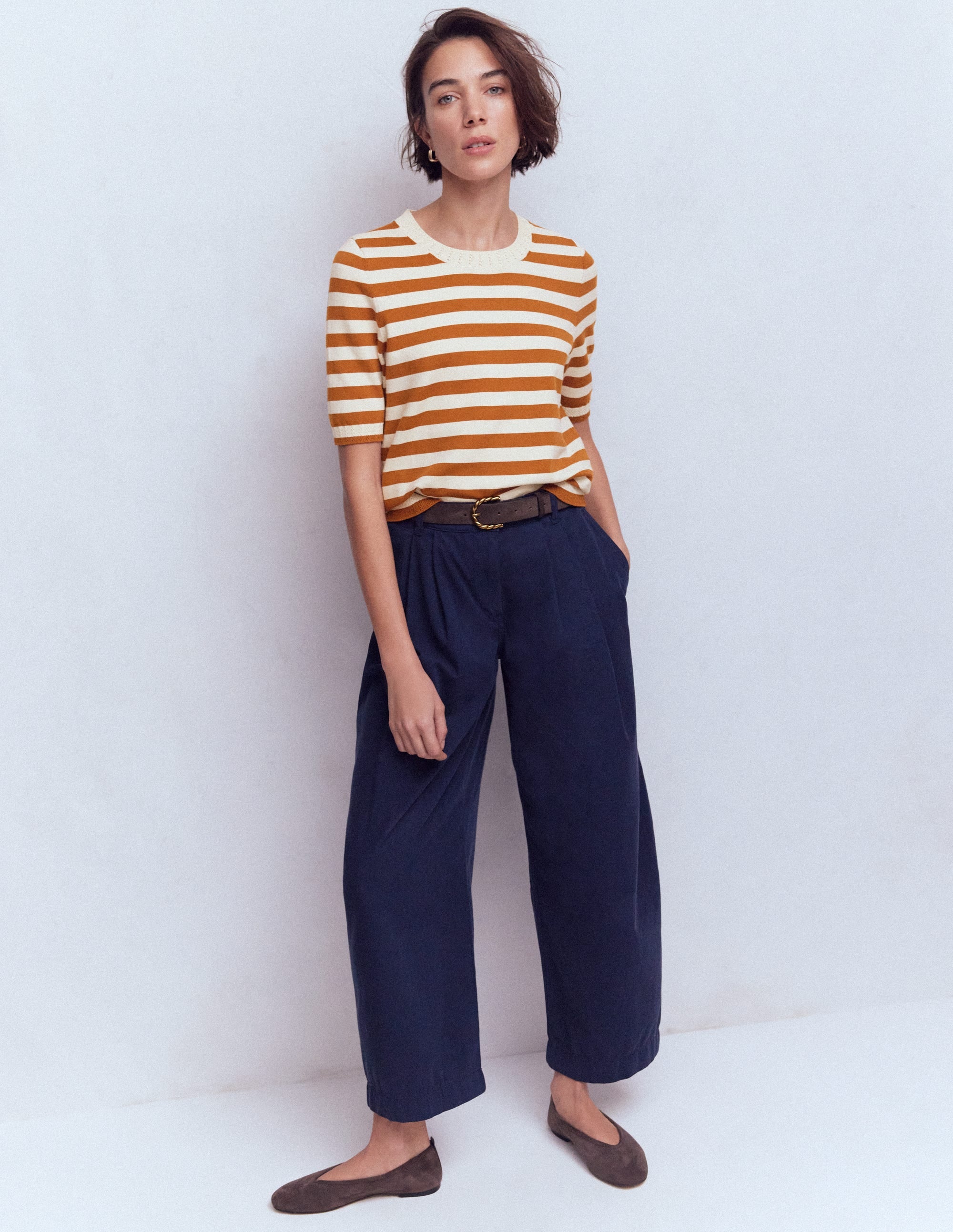 T-shirt col rond Emilia en coton-Cognac/ivoire chaud - Image 4