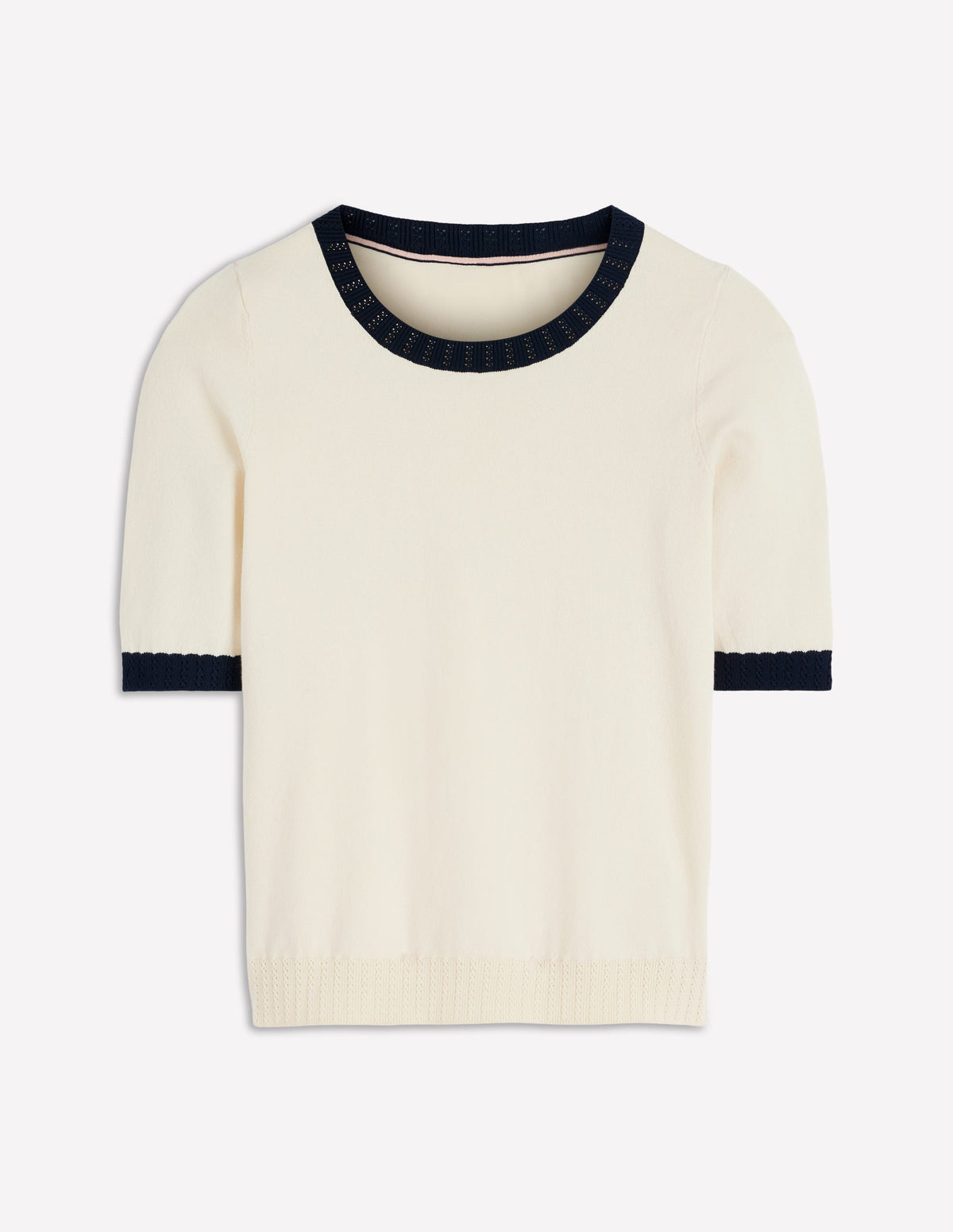 Emilia Baumwoll-T-Shirt mit Rundhalsausschnitt-Warmes Naturweiß, Marineblau-5