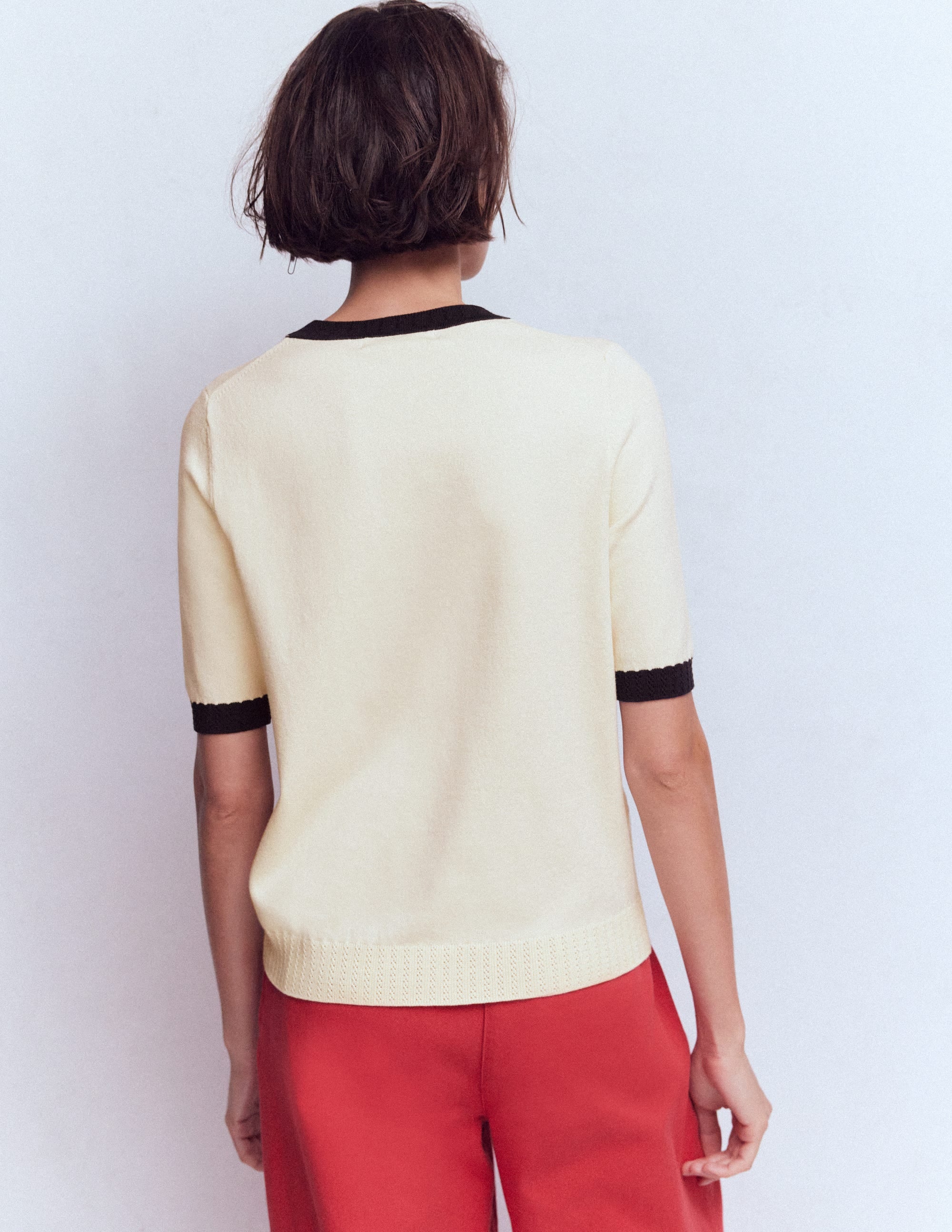Emilia Baumwoll-T-Shirt mit Rundhalsausschnitt-Warmes Naturweiß, Marineblau - Image 3