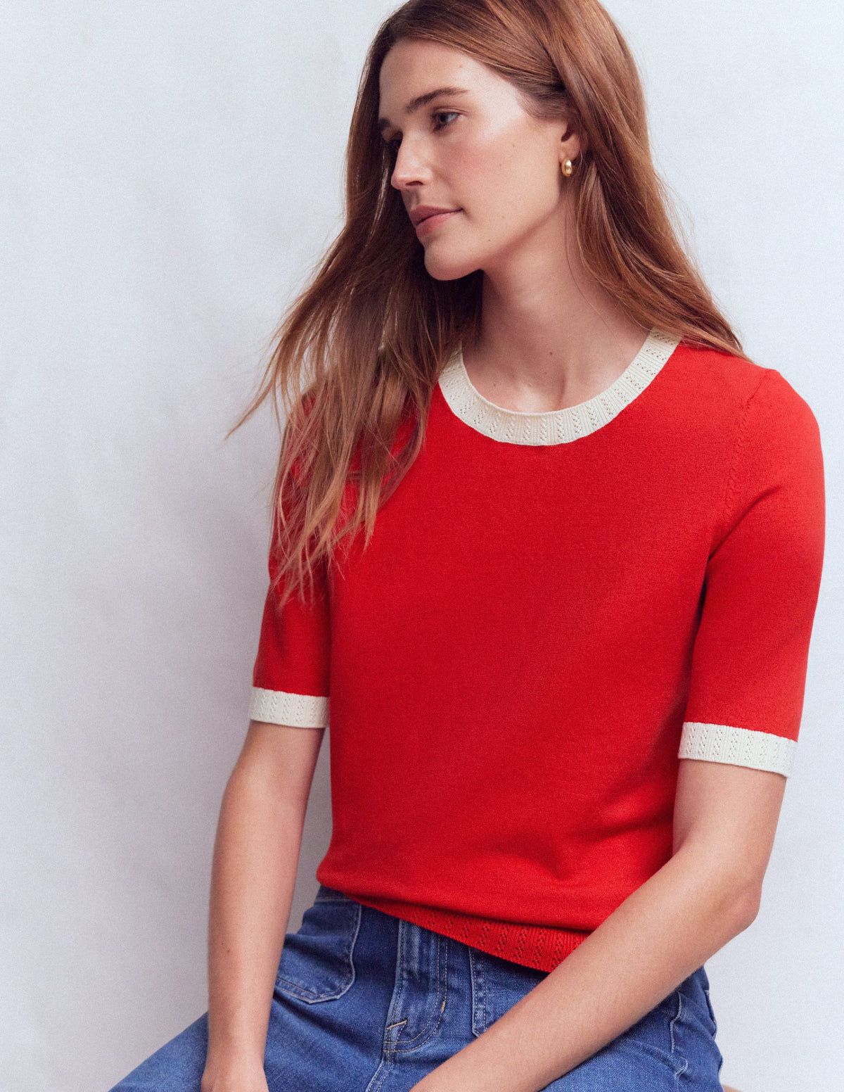 Emilia Baumwoll-T-Shirt mit Rundhalsausschnitt-Merida-Rot, Naturweiß - Image 4