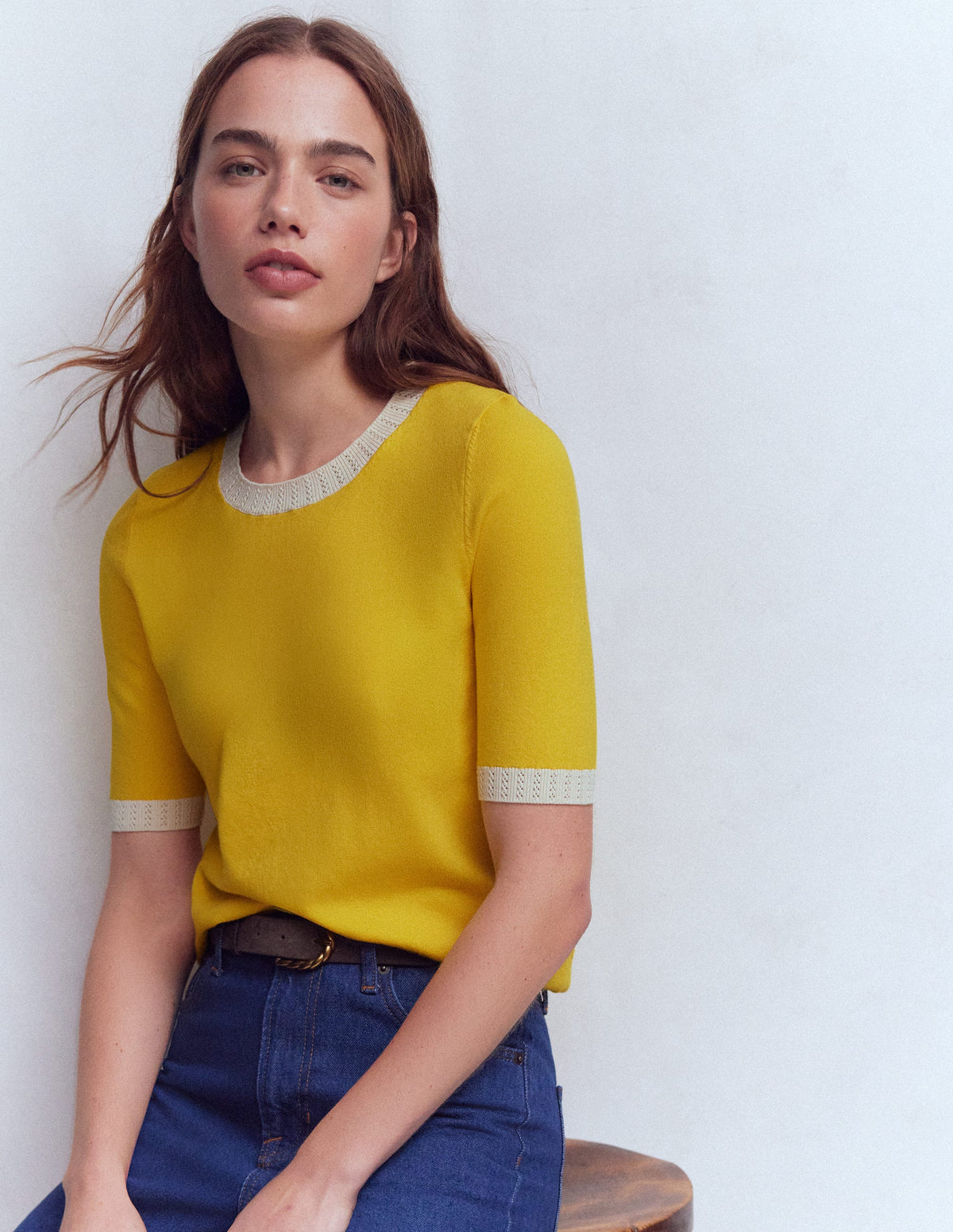 T-shirt col rond Emilia en coton-Jaune ananas, ivoire-1