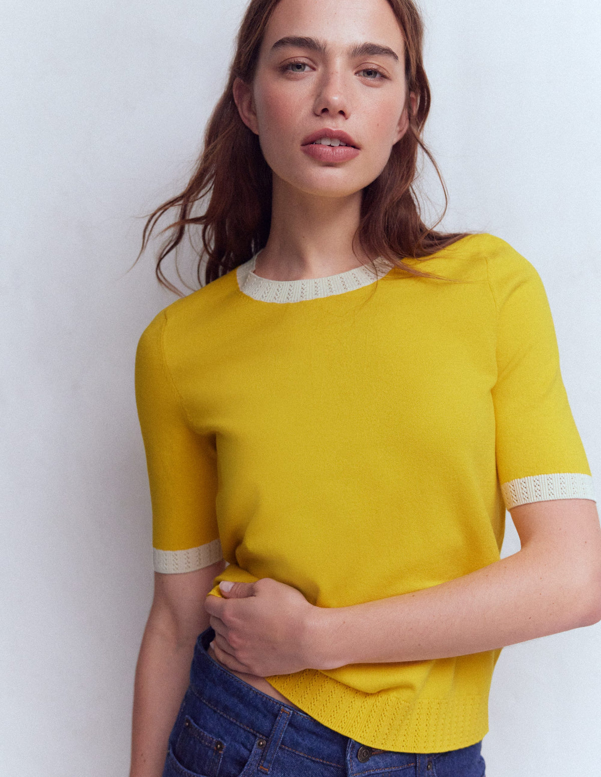 T-shirt col rond Emilia en coton-Jaune ananas, ivoire - Image 4