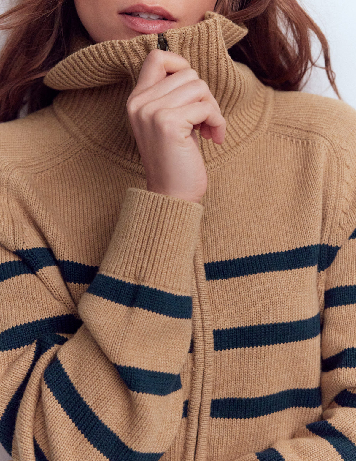 Lucy Pullover mit Halbreißverschluss-Kamelbraun Meliert, Marineblau Streifen - Image 2