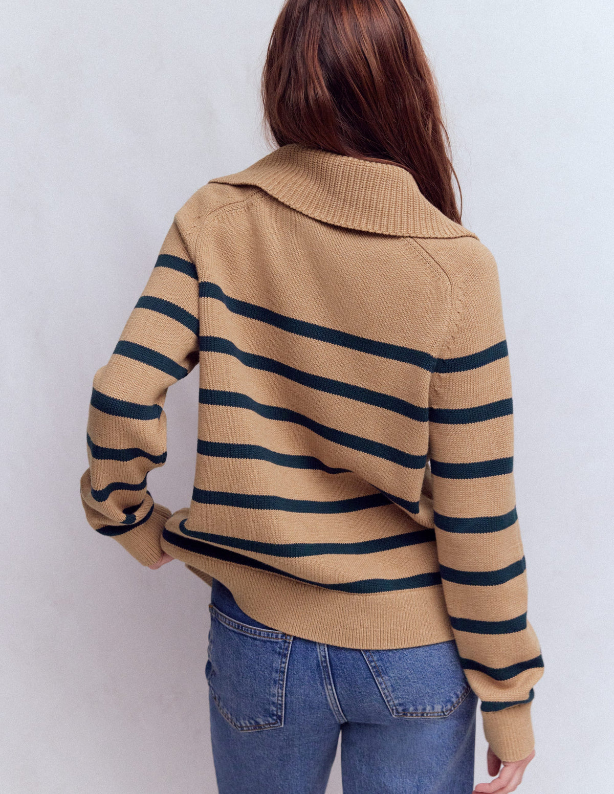 Lucy Pullover mit Halbreißverschluss-Kamelbraun Meliert, Marineblau Streifen - Image 3