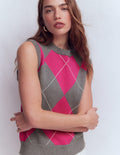 Débardeur Lucy en coton-Motif argyle rose/gris
