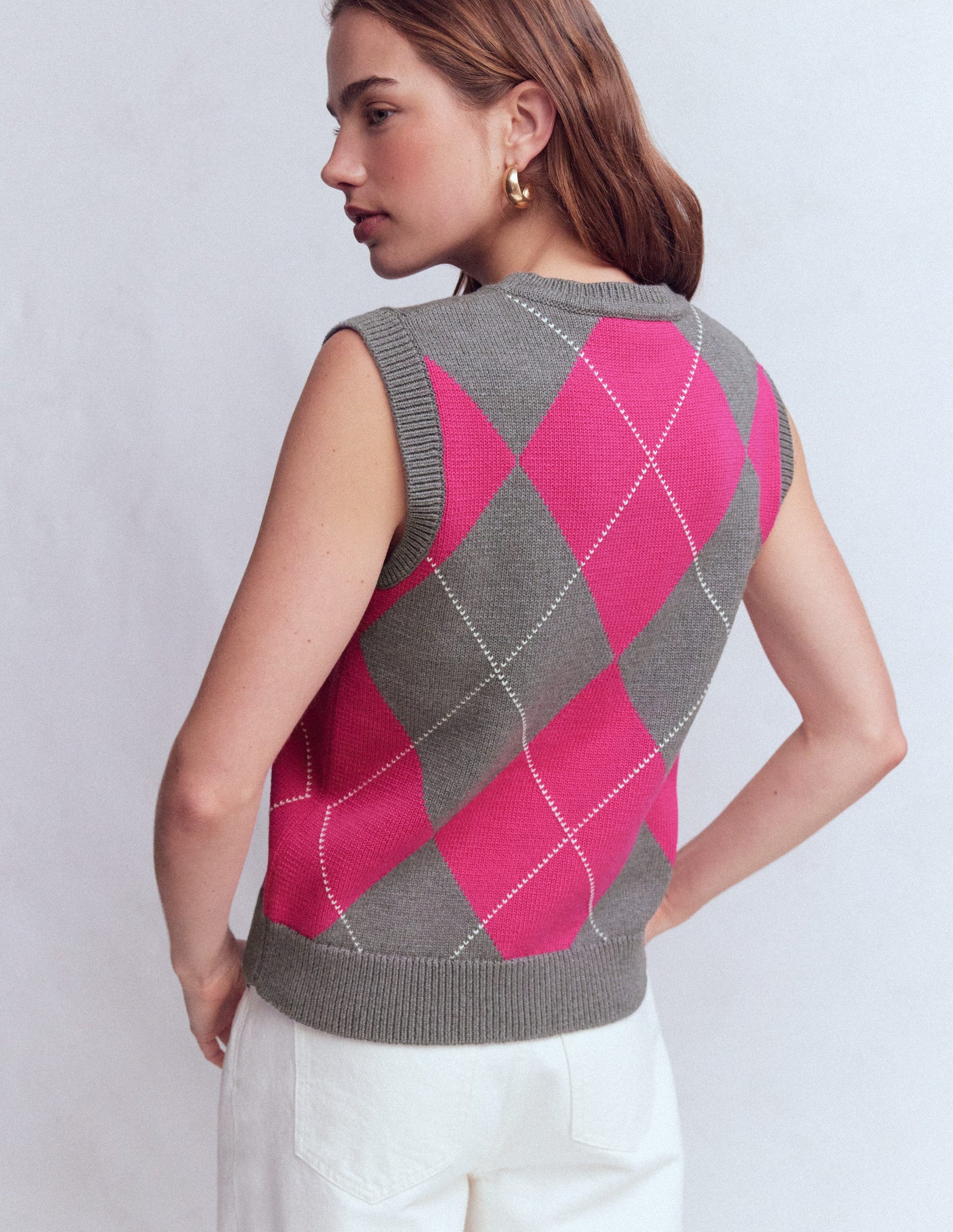 Débardeur Lucy en coton-Motif argyle rose/gris-3