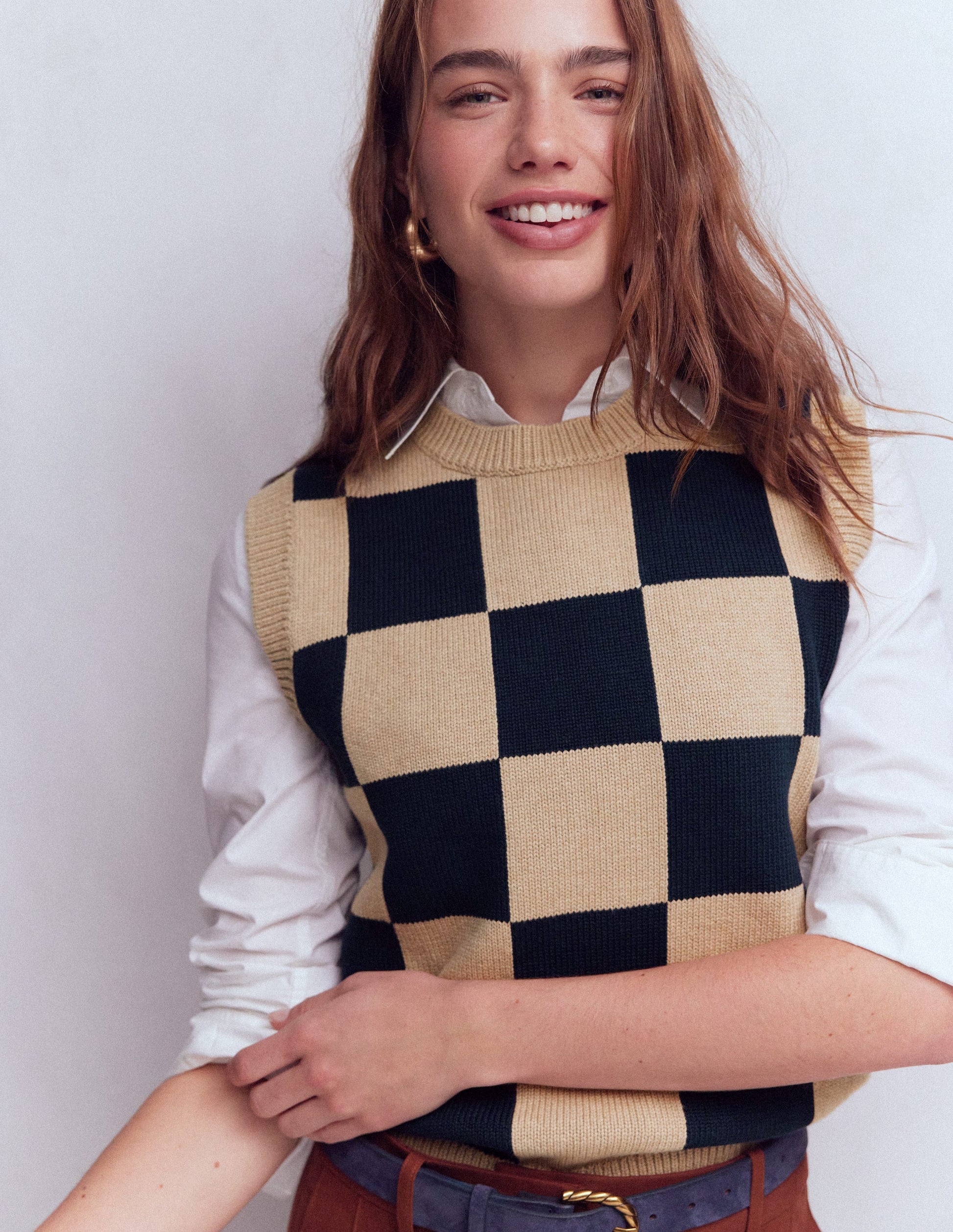 Lucy Cotton Tank-Camel / Navy Check-4