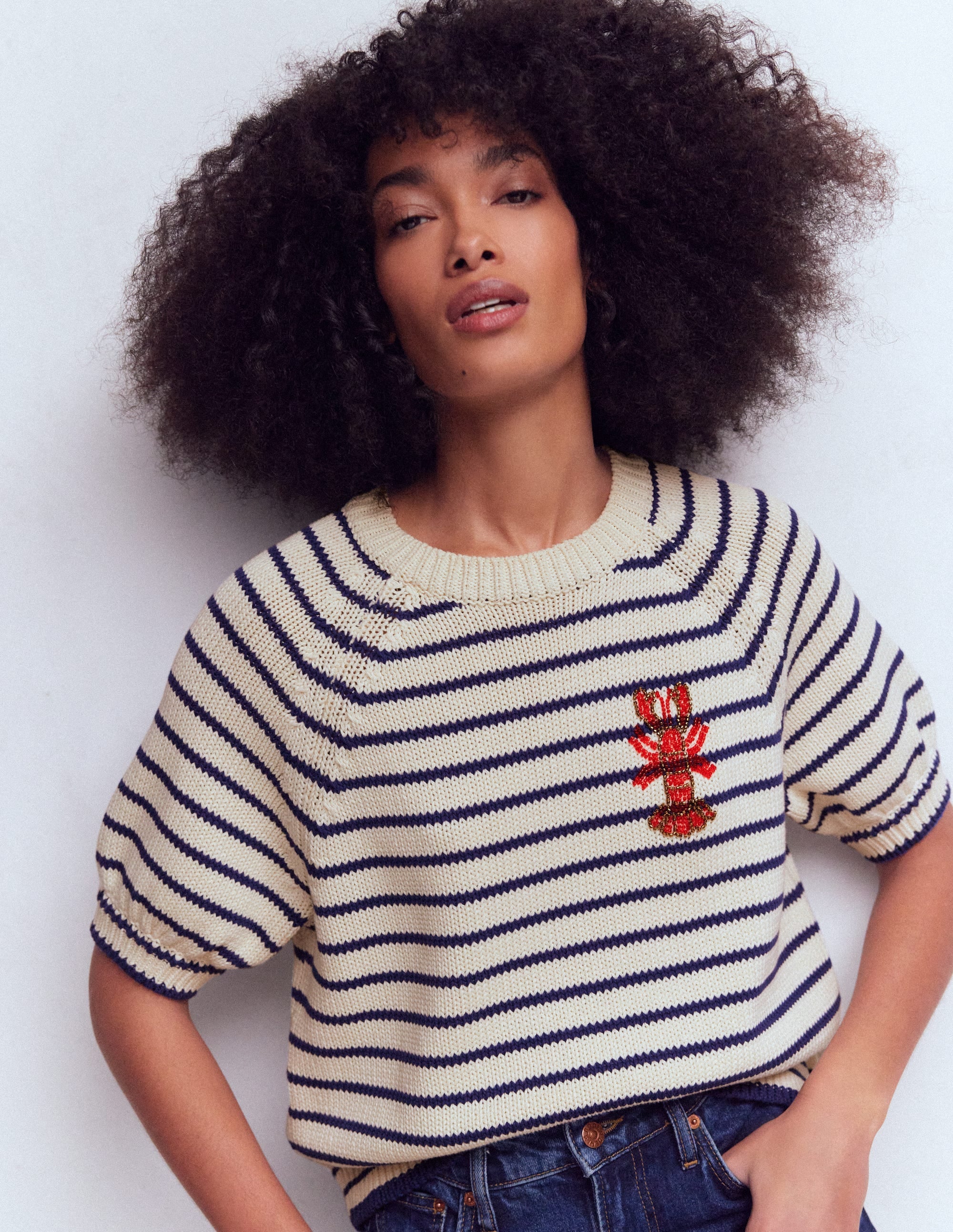 Margot T-Shirt mit Puffärmeln-Naturweiß/Marineblau Hummer - Image 1
