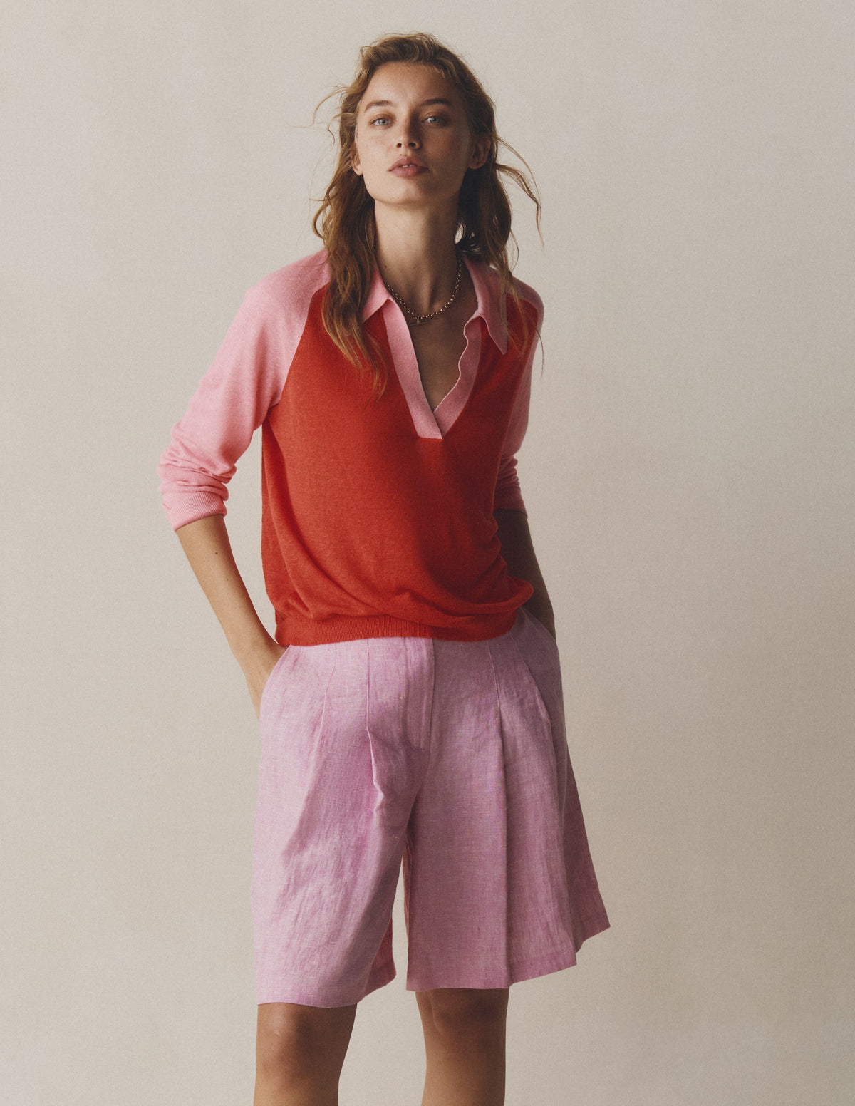 Agnes Leinenpullover mit Kragen-Sonniges Korallenrot / Kirschblütenrosa-8