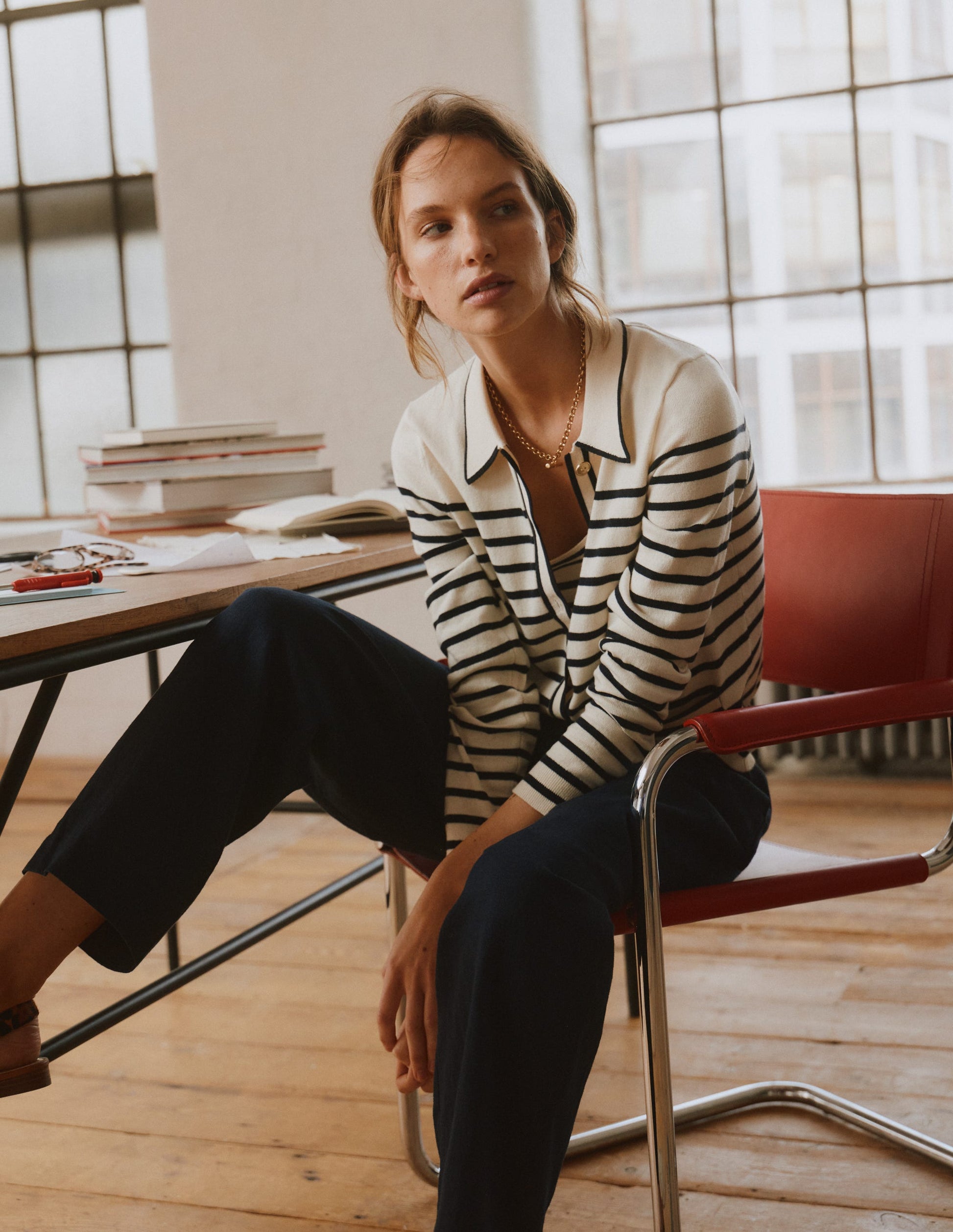 Liz Knitted Collared Cardigan-Ivory/ Navy-6