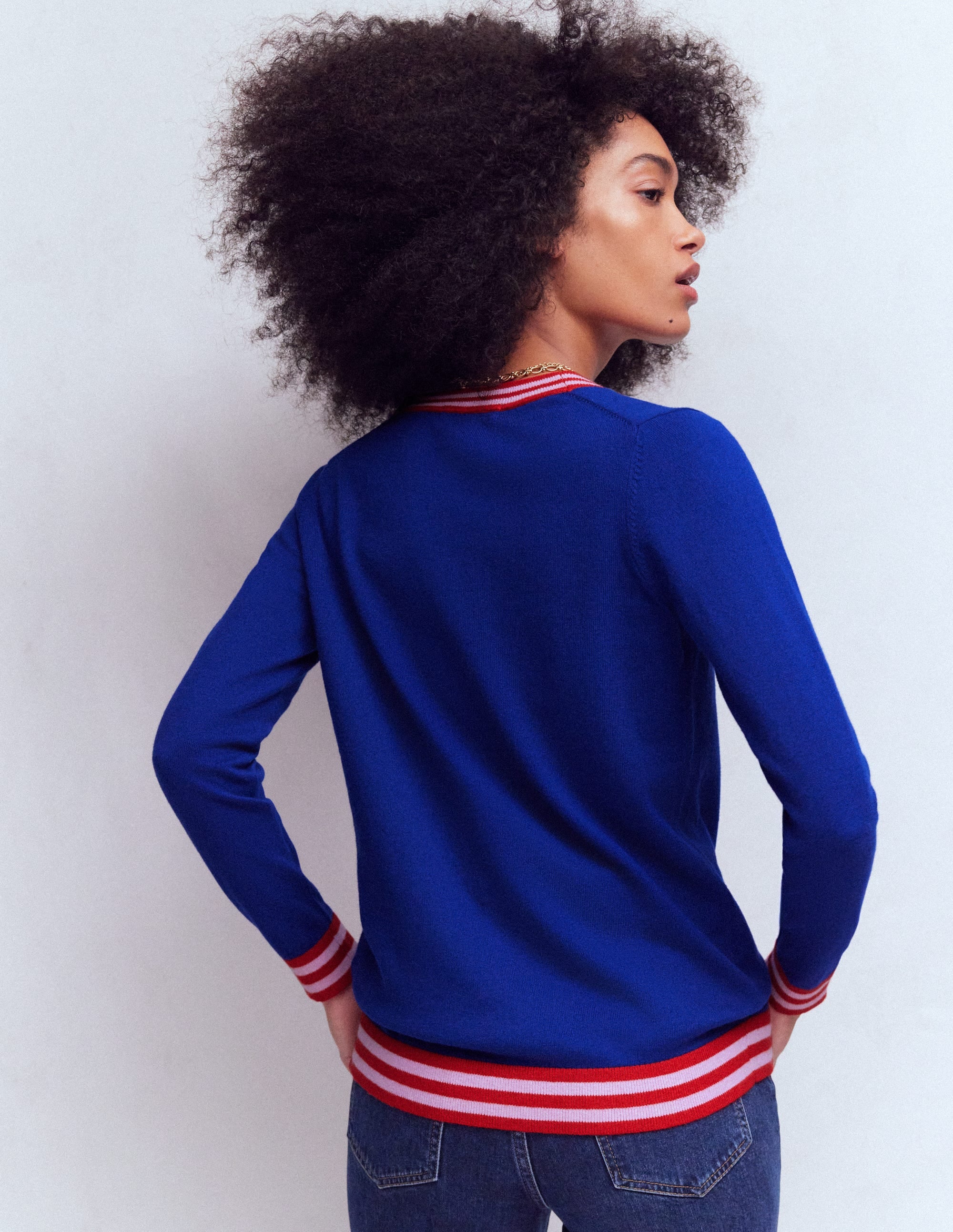 Lange Strickjacke mit V-Ausschnitt-Leuchtendes Blau - Image 3