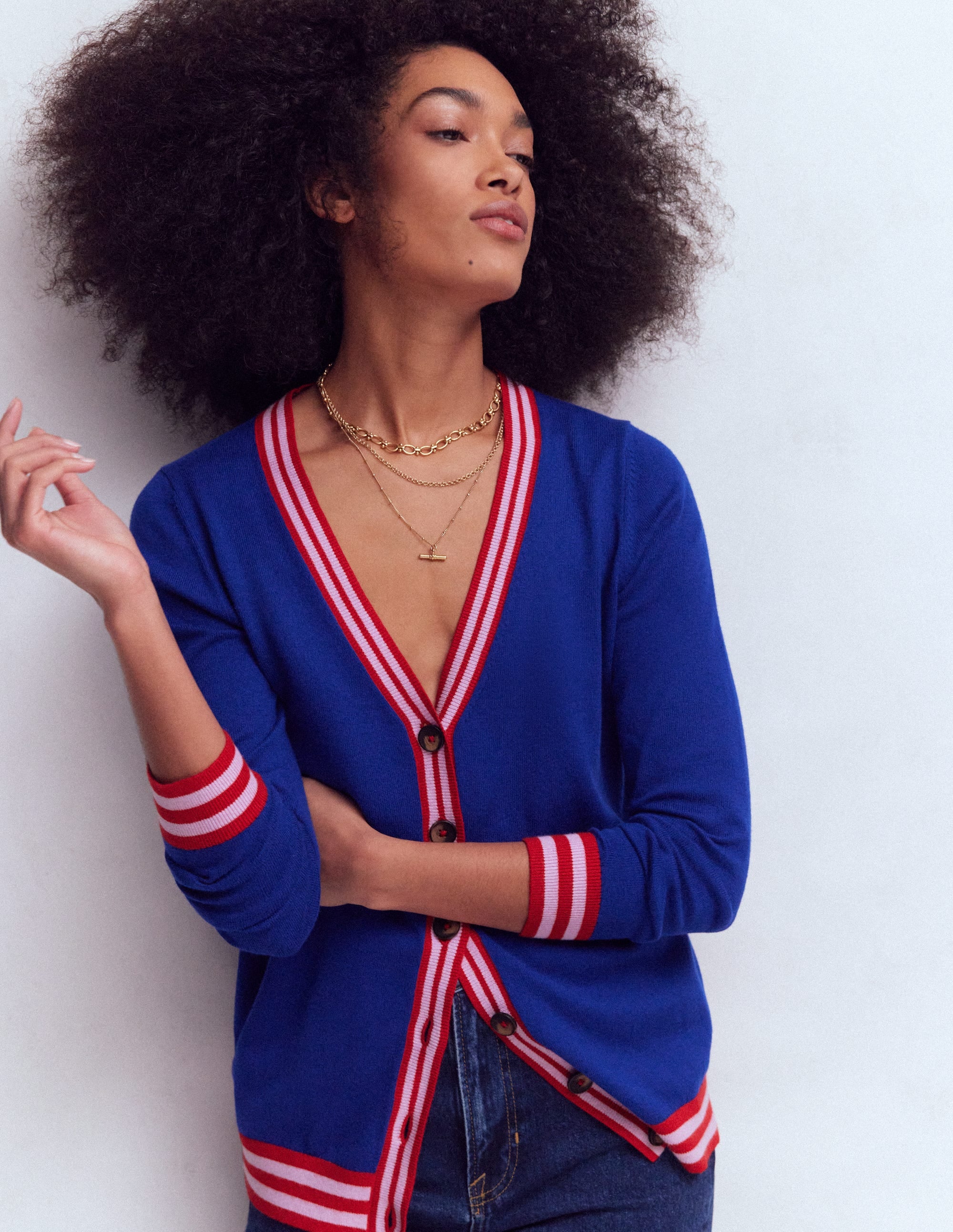 Lange Strickjacke mit V-Ausschnitt-Leuchtendes Blau - Image 4