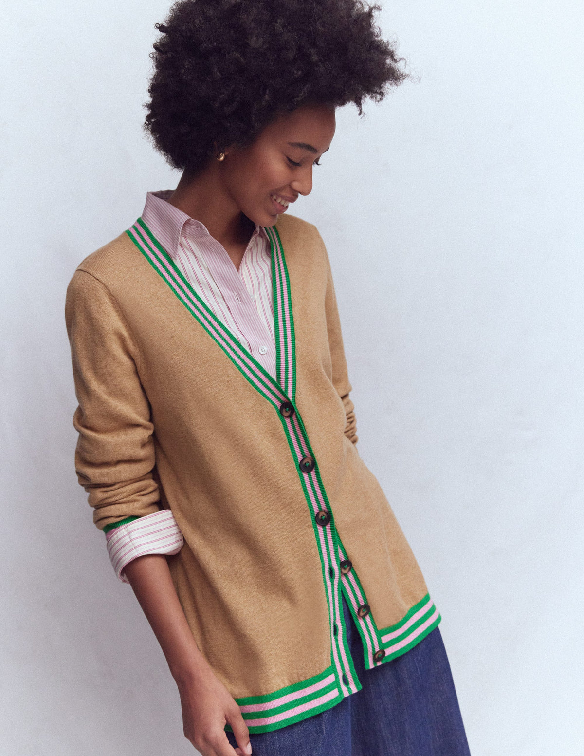 V Neck Longline Cardigan-Camel Melange-1